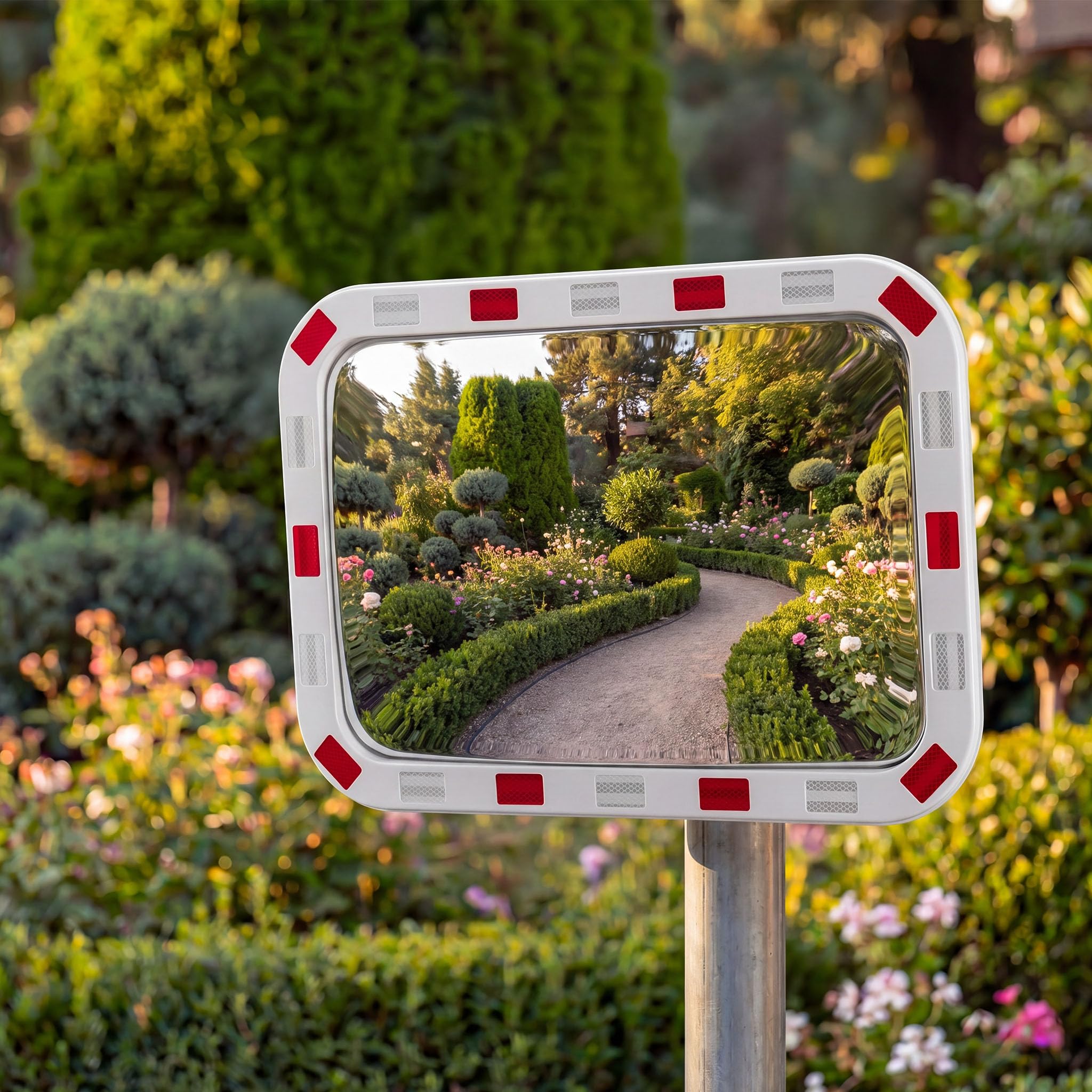 Wiltec Miroir routier convexe de circulation 50 x 70 cm Champ de vision de 130°-130° Bandes réfléchissantes Blanc-rouge Sécurité routière Outdoor Indoor Polycarbonate solide Surveillance Rue Magasin