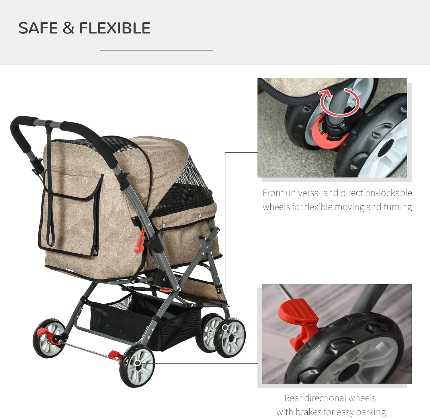 PawHut Pet Stroller Foldable Dog/Cat Travel Carriage with Reversible Handle EVA Wheels Brakes Basket Storage Bag 3-Stage Canopy Zippered Mesh Window Door Brown 27.5" L x 20" W x 37" H : Pet Supplies