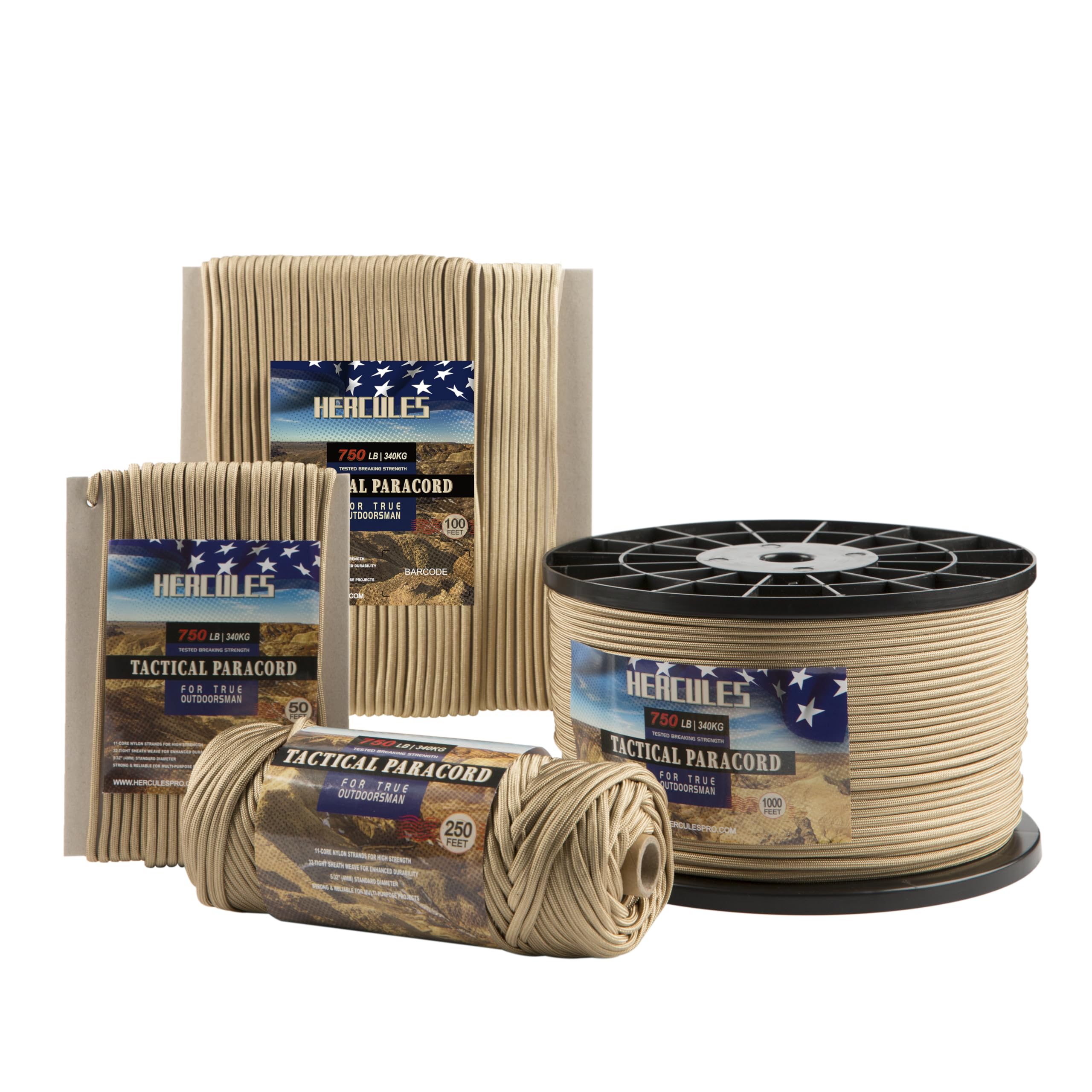 HERCULES Paracorde 340 kg – Corde de parachute tactique à 11 brins de 4 mm, corde utilitaire de 15,2 m, 30,5 m, 300 m pour camping, survie, équipement d'extérieur (brun désert, 300 m)