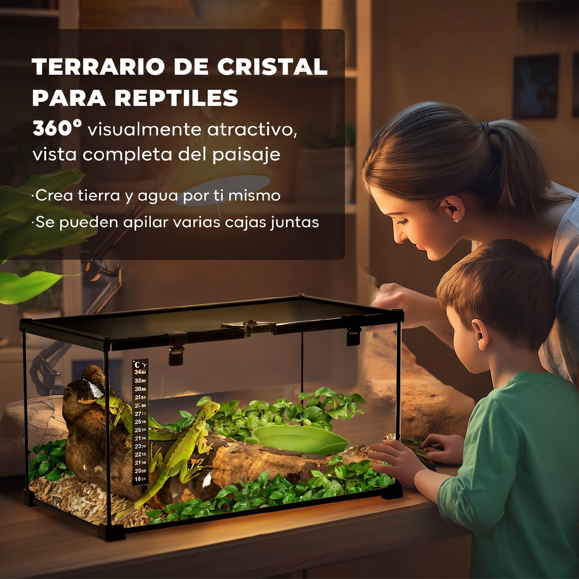 PawHut Terrario para Reptiles de Vidrio Templado 50x30x25 cm Negro | con Termómetro, Cuenco de Agua, Vista Completa, Ventilación, Terrario para Lagartos Ranas Cornudas Serpientes Arañas