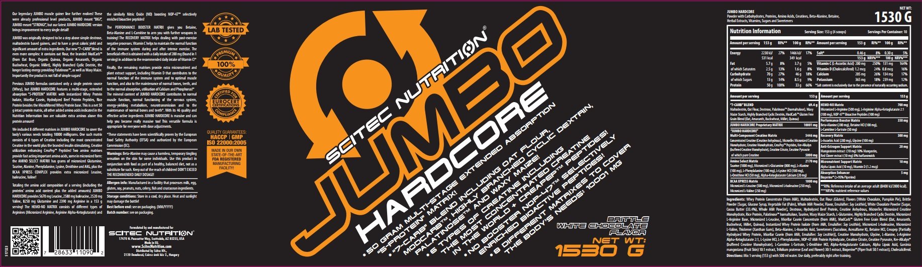 Scitec Nutrition Jumbo Hardcore, Aromatyzowany napój białkowy w proszku zawierający węglowodany, kreatynę, 1530 g, chrupiąca biała czekolada