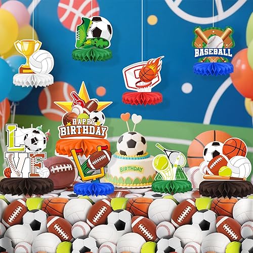 Happy Birthday Decorations Set - Colorful Themed Honeycomb Centerpiece, Table Decoration for Kids' Birthday Party Supplies(Sports)