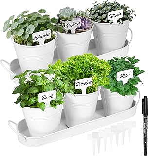 Herb Garden Planter Indoor Kit – 6 Metal Pots with 2 Trays for Windowsil...