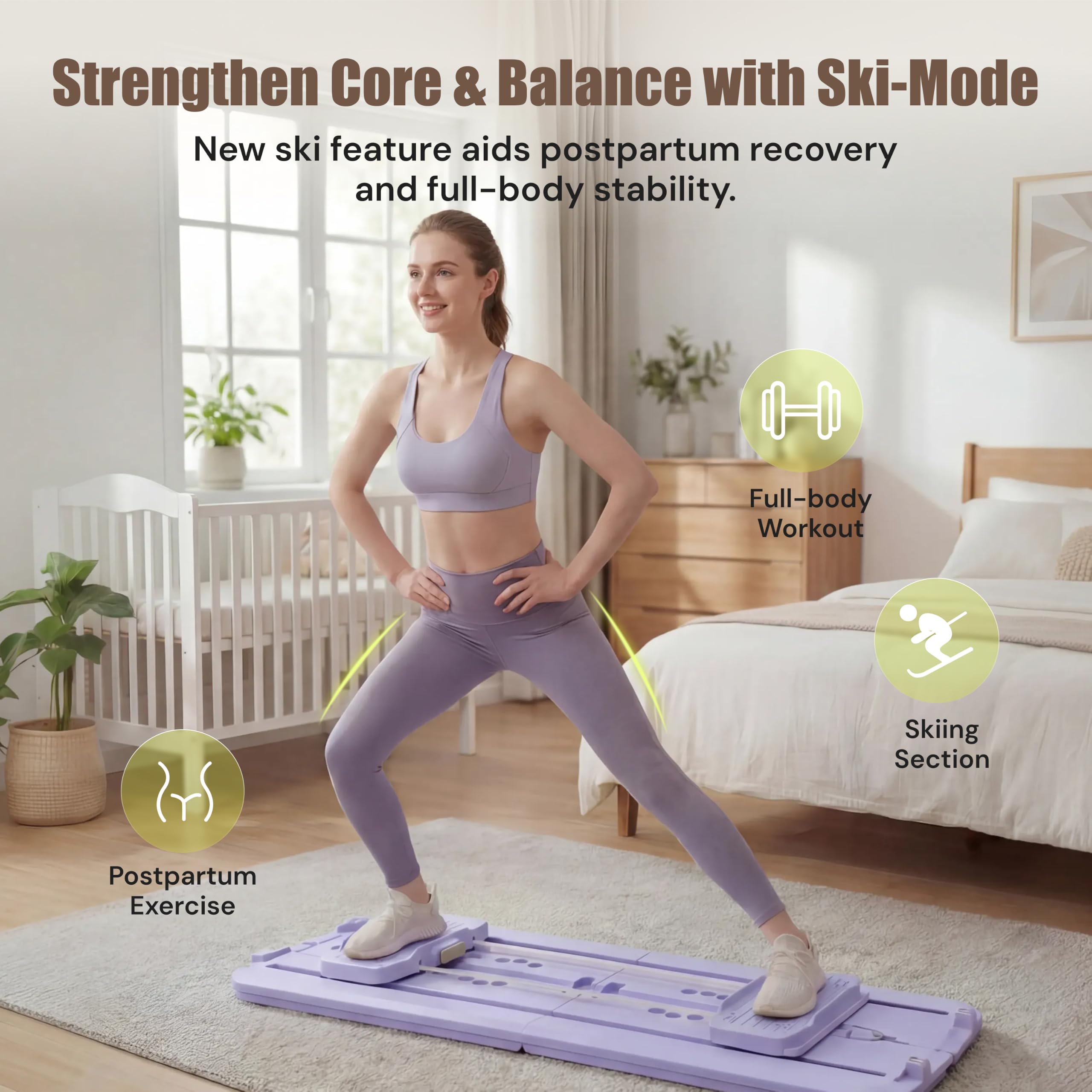 MaxU Pilates Board Reformer, Faltbares Pilates-Brett mit Ski-Modul, 3-stufigen Widerstandsbändern, Zähler für Kalorien/Zeit/Wiederholungen, 450 lbs Tragkraft, Handyhalter, Home Workout
