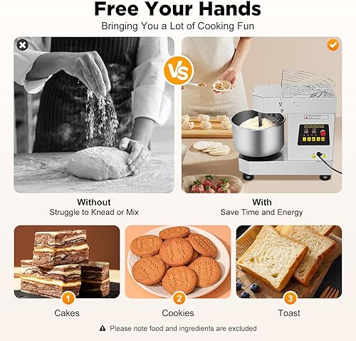 Miniatura 6 de Mezclador de masa comercial de 10L, mezclador de pie de 750 W con cuenco de acero inoxidable, máquina de amasado de masa giratoria doble, licuadora
