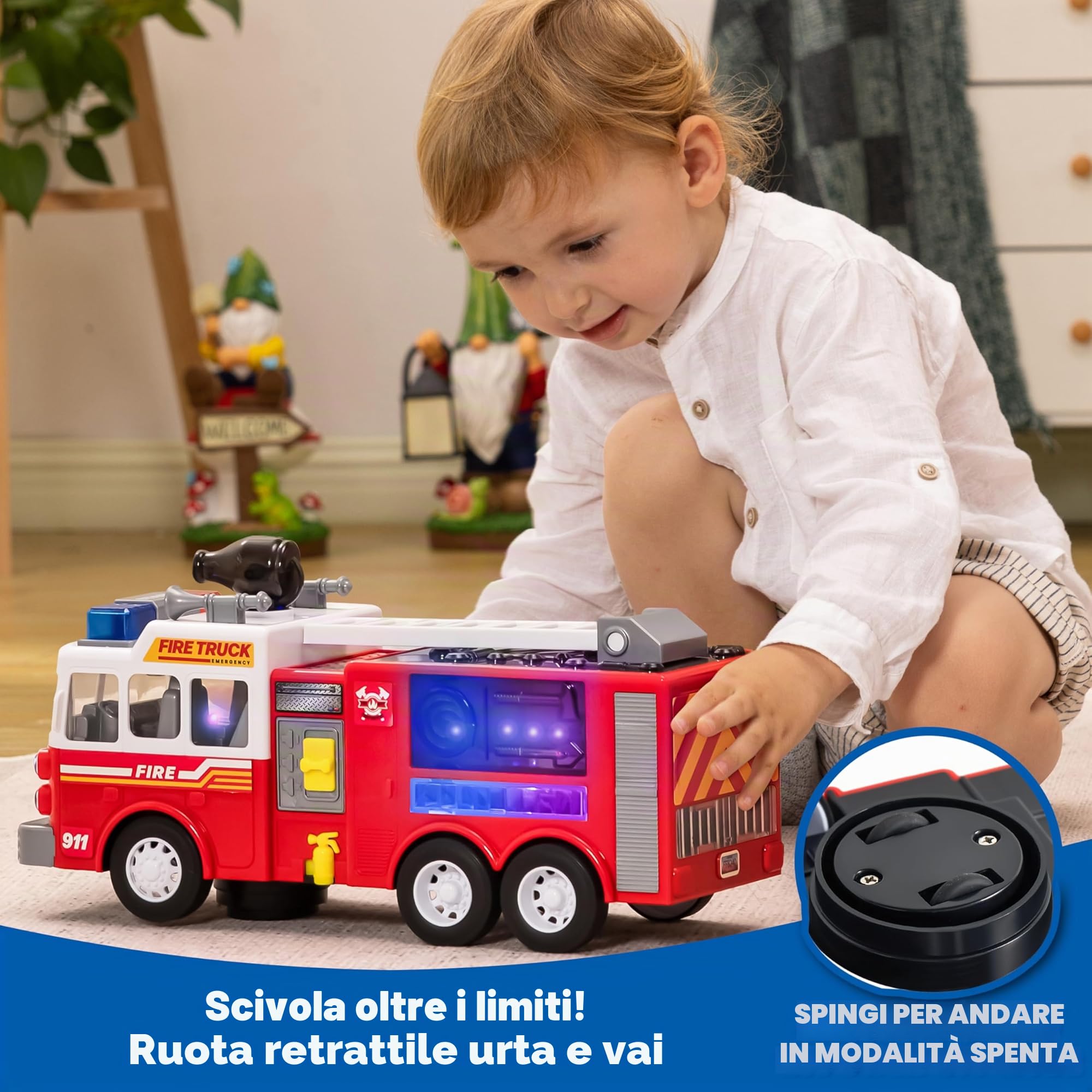 JOYIN Camion dei pompieri a LED, giocattolo per bambini, proiezioni a LED e sirene, camion dei pompieri con interruttore di modalità e controllo del volume, giocattolo per ragazzi e ragazze