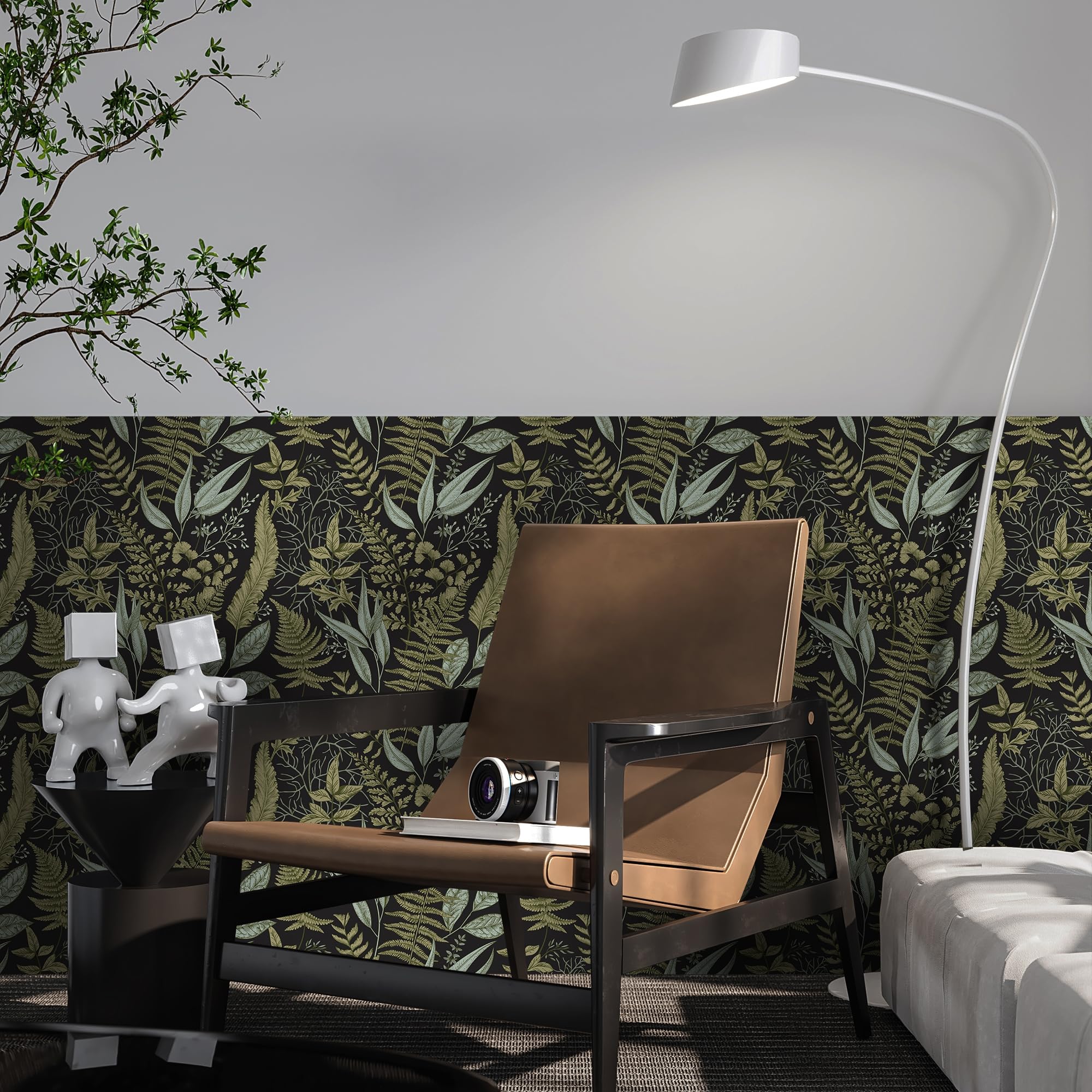 Ismoon Tropical Wallpaper Peel and Stick Vintage Stick on Wallpaper Leaf Botanical Fern Moss Contact Paper Removable Self-Adhesive Vinyl Sticky Wall Paper for Bathroom, Black Light Brown, 16.1inx9.8ft