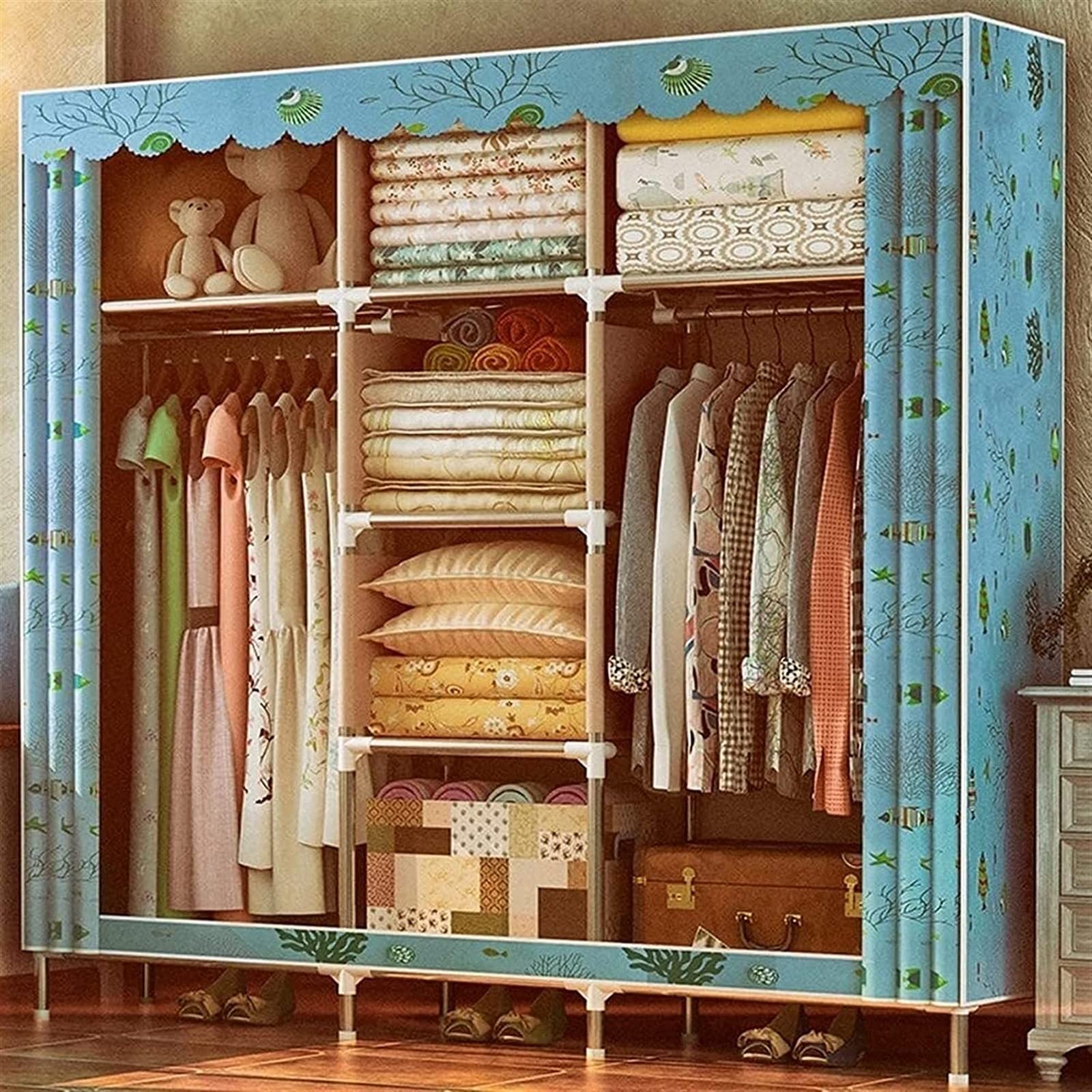 Armoire de rangement pliable avec dressing en tissu et cadre acier
