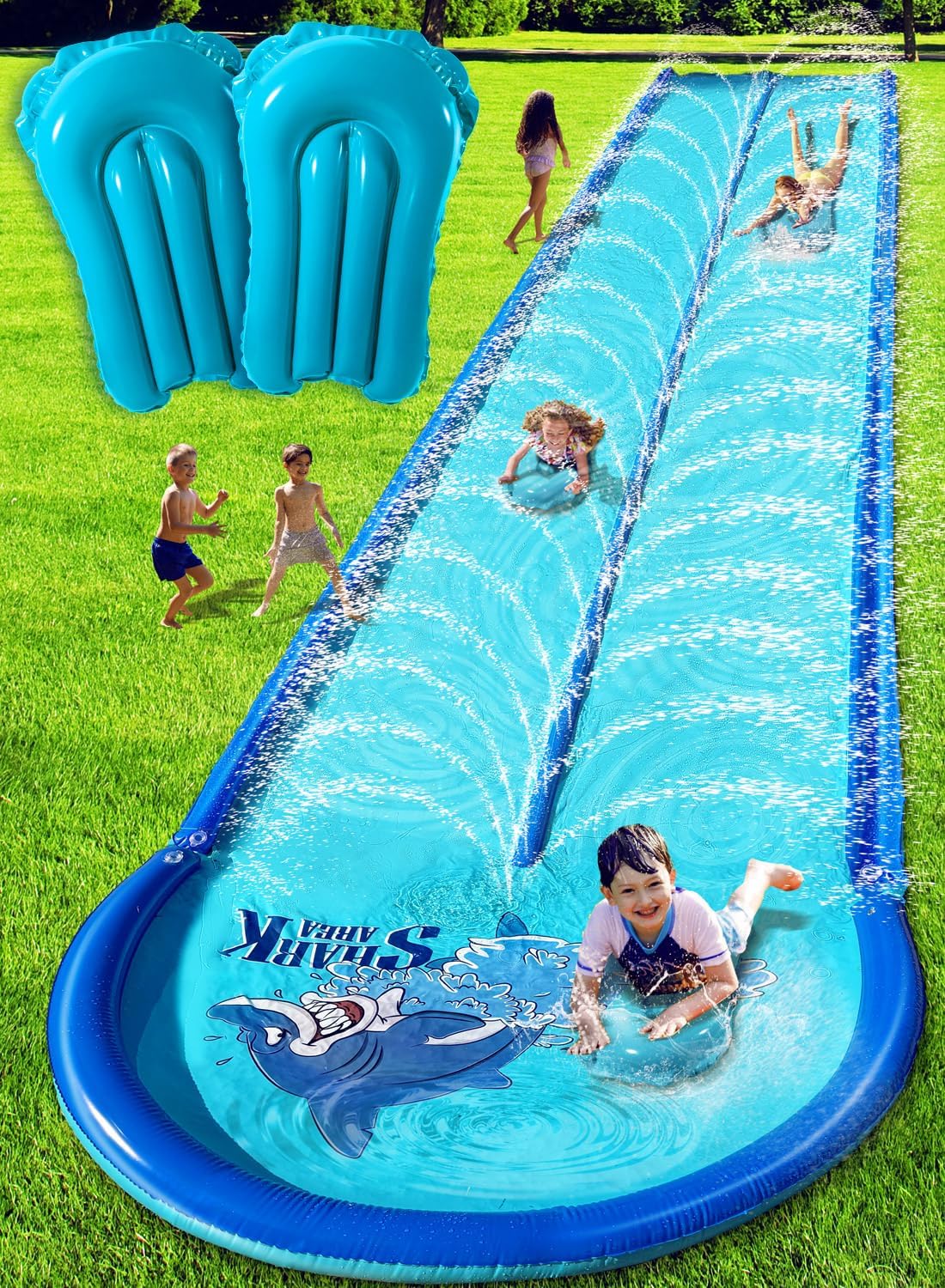 Slip and Water Slide for Kids and Adults Backyard 22ft with Extra-Large Inflatable Guard Rails and Dual Way Water Sprayers,Heavy Duty and Extra Long Design with Two Inflatable Bodyboards. 22ft-Double Lane
