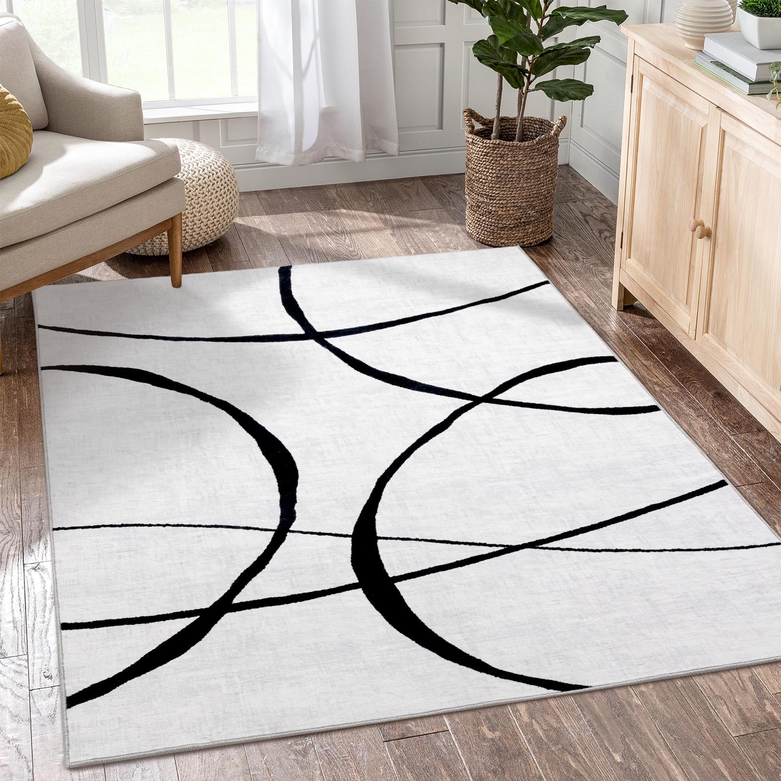 YIHOUSE 5x7 Washable Living Room Rug - Modern Abstract Black and White Area Rug Non-Slip for Bedroom Home Office (Curve, 5'x7'ft)