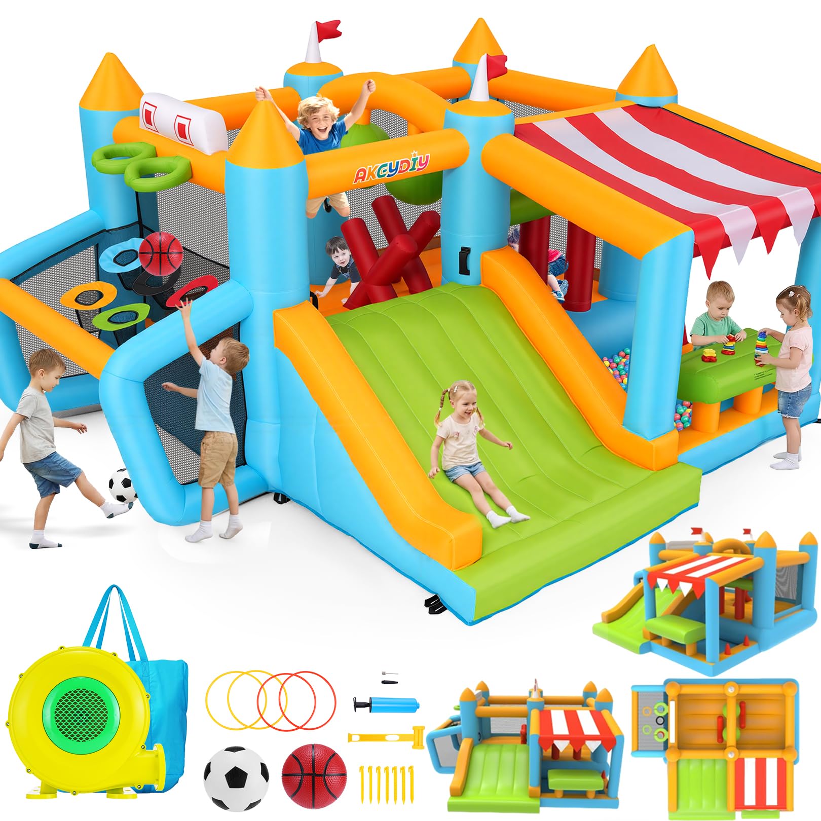 Castello saltante per bambini dai 3 ai 10 anni, castello gonfiabile 10 in 1, per giardino, con scivolo, stand del mercato, area di salto, percorsi di ostacoli e giochi con palla, per feste in giardino