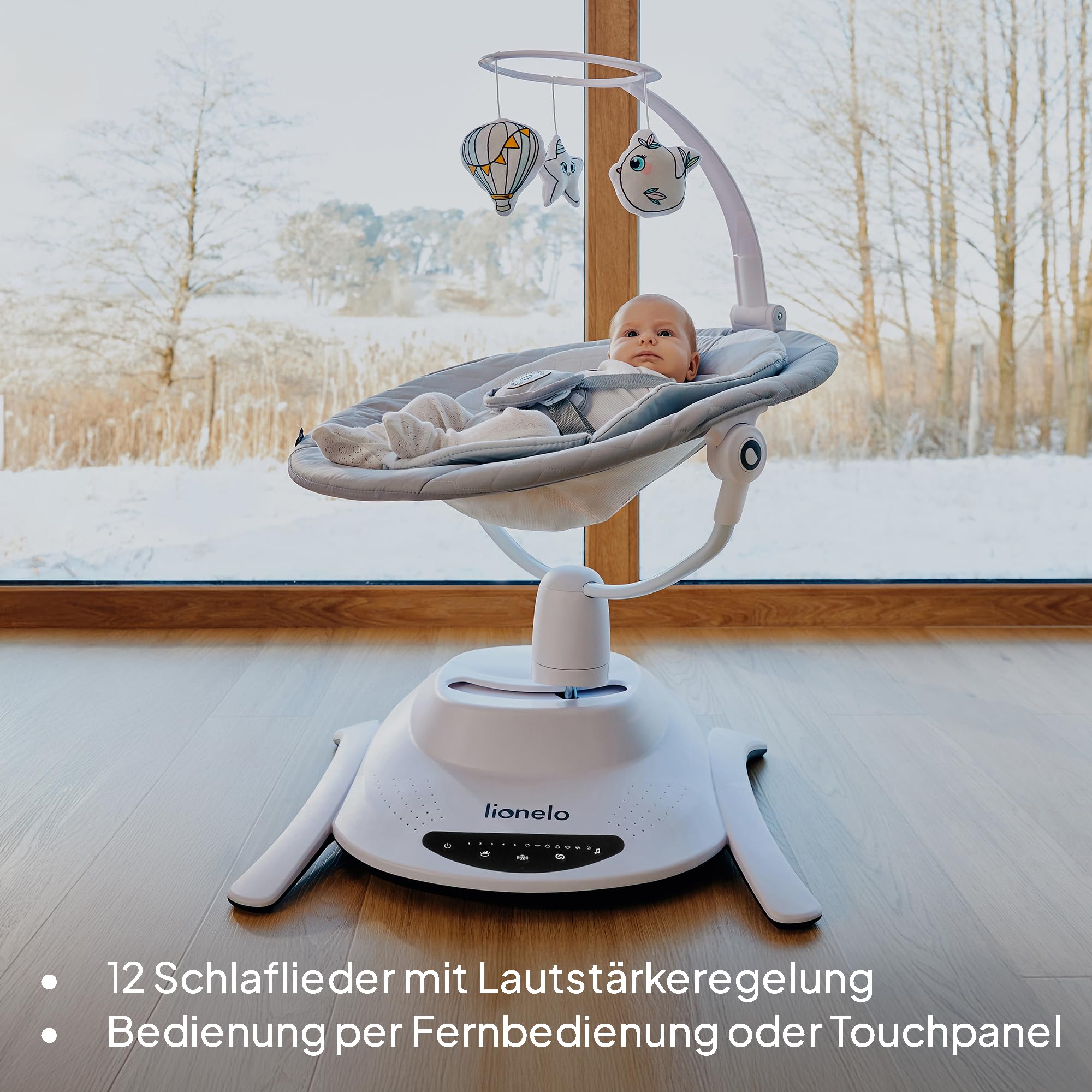 LIONELO Bella Set 2-in-1 Elektrische Babywippe mit Babywanne 360o für Babys bis 9 kg, verstellbare Rückenlehne, 5 Schaukelgeschwindigkeiten Anti-Rutsch Sicherheitsgurt