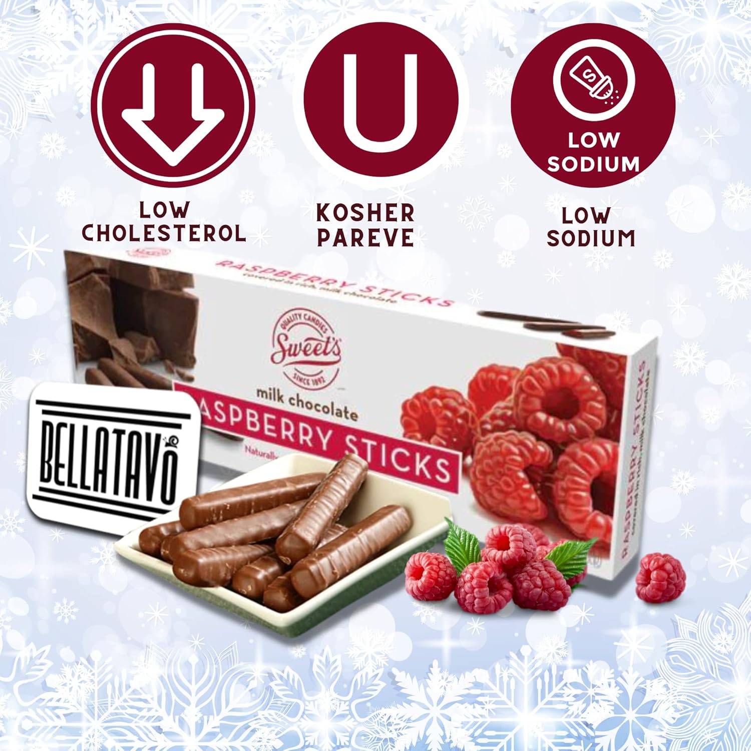 Raspberry Chocolate Sticks. Includes Two Boxes of Sweets Milk Sticks and a BELLATAVO Fridge Magnet! Approximately 70 Jelly Centers Covered in Chocolate! 2 Count