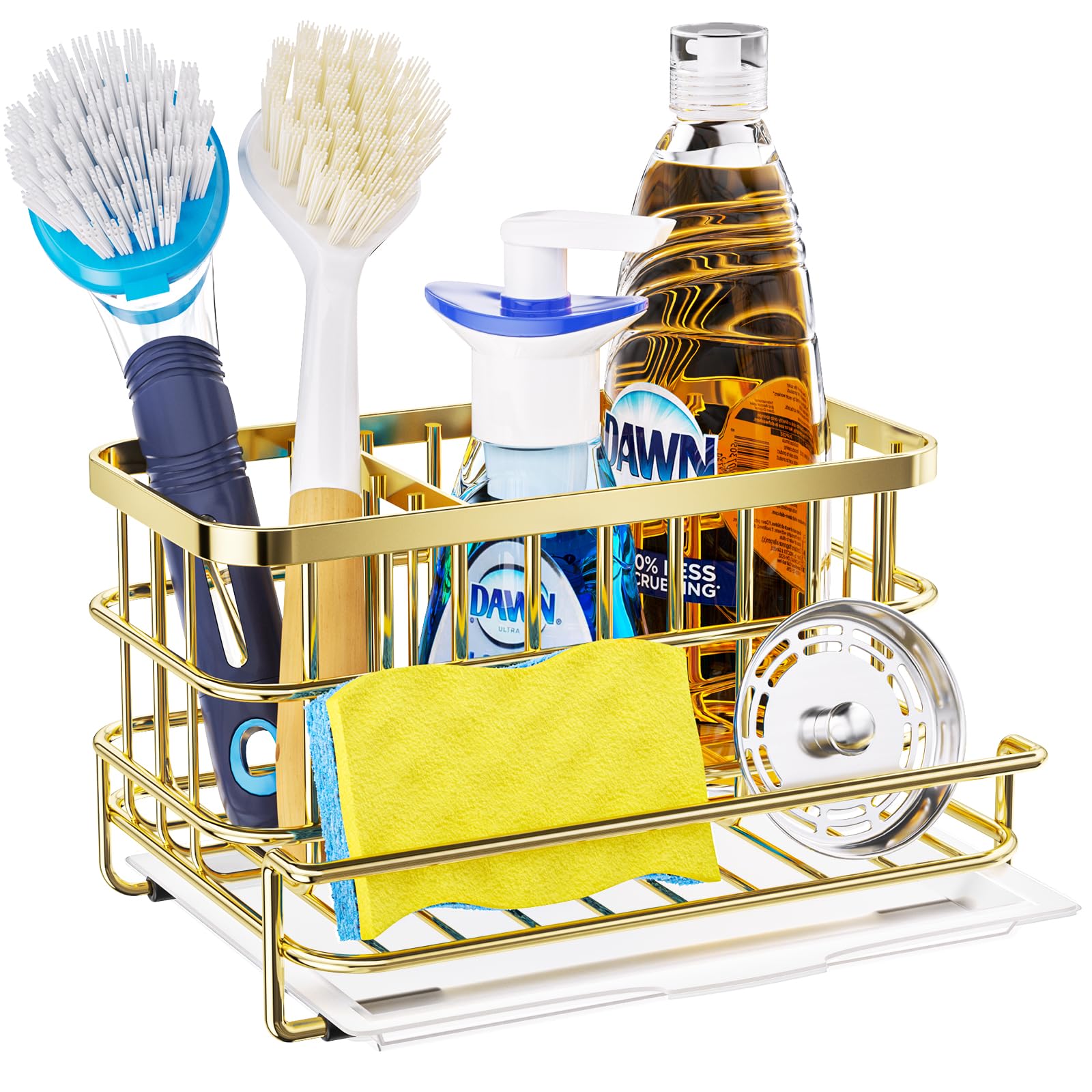 HapiRm Multifunctional Kitchen Sink Organizer with Removable Drain Tray, Quick Draining Rustproof Sink Caddy, Stainless Steel Kitchen Sponge Holder for Holds Sponge, Cleaning Towel and Scrubber - Gold