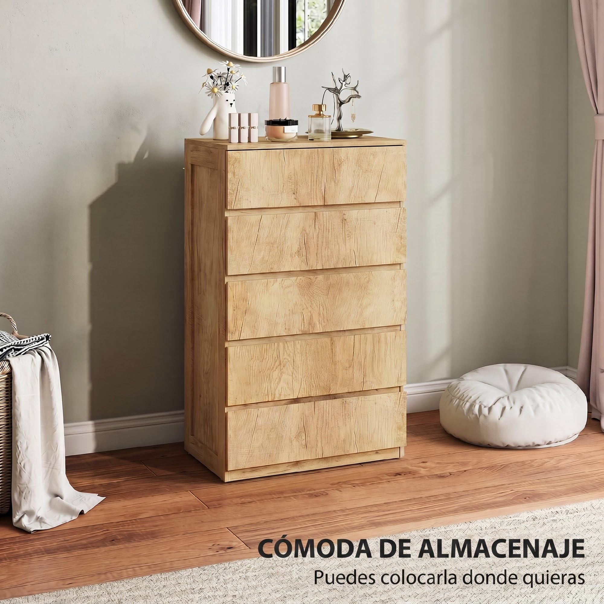 HOMCOM Cómoda 5 Cajones Diseño sin Tiradores 60x39x100 cm Madera Natural | Cómoda Dormitorio Moderna, Sinfonier, Cajonera para Sala de Estar, Comedor, Entrada