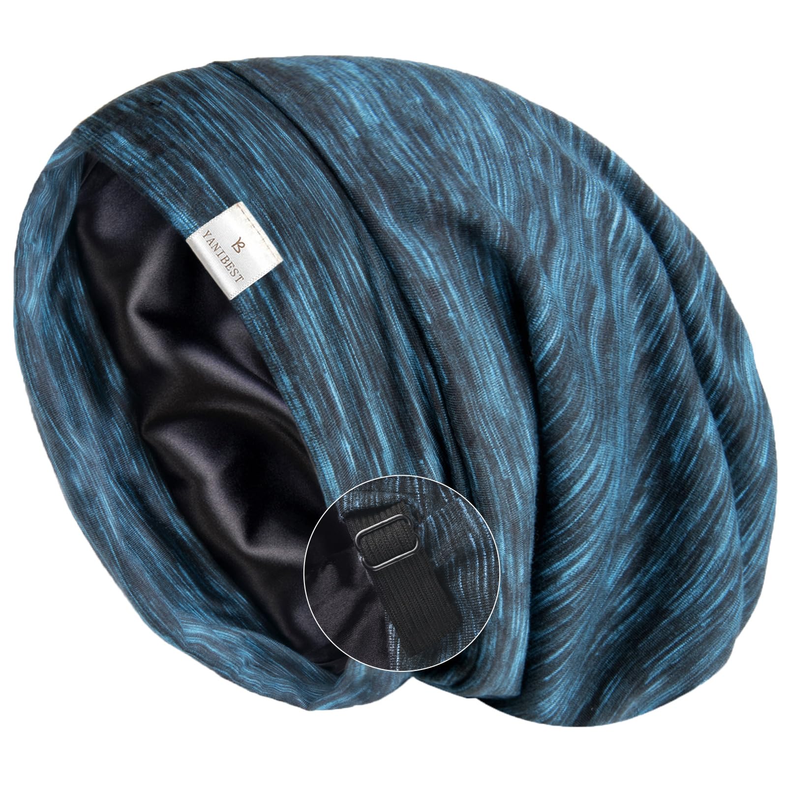 YANIBEST Silk Satin Bonnet Hair Wrap for Sleeping - Adjustable Stay on Silk Lined Slouchy Beanie Hat for Curly Hair and Braids Blue