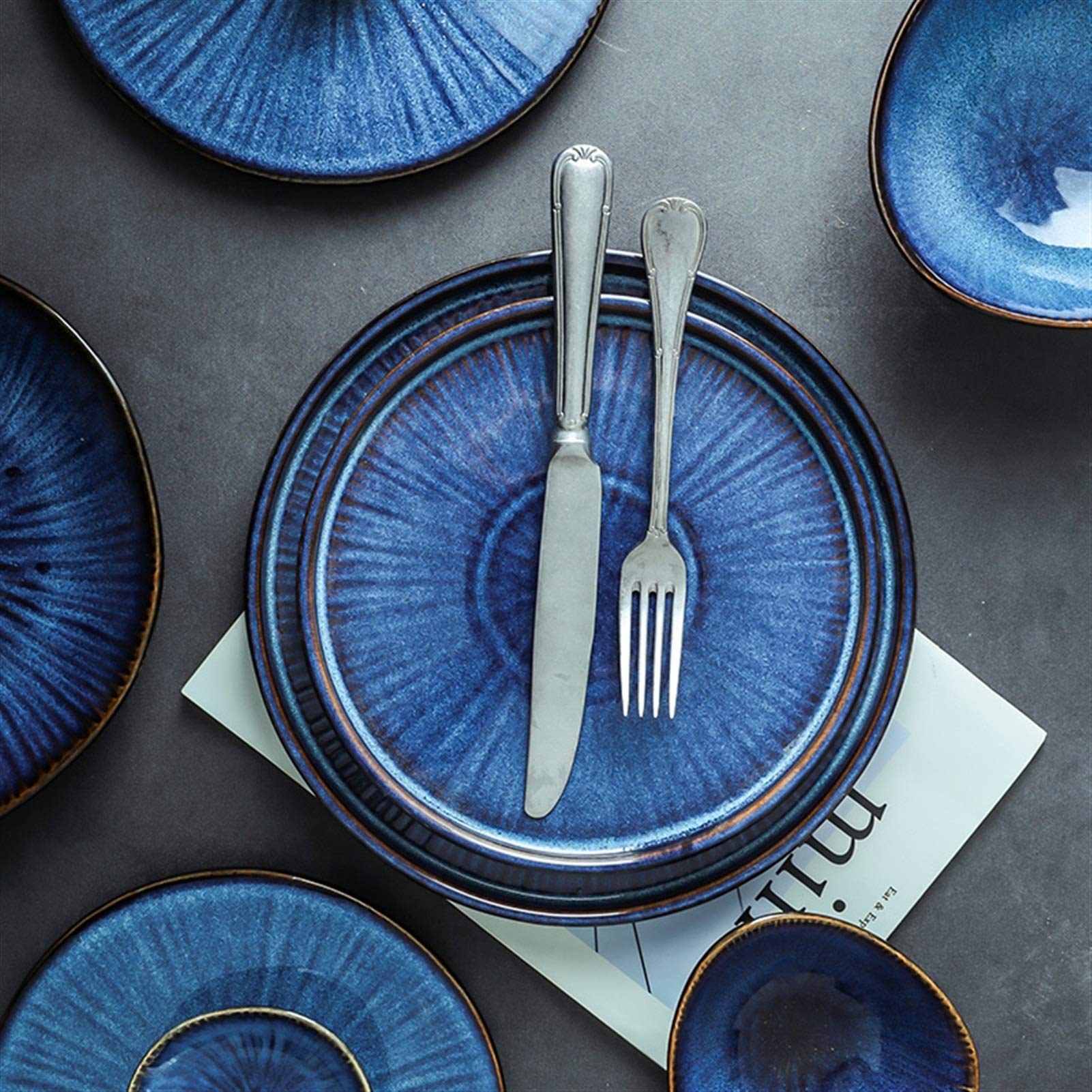 Liudan Speiseteller Nordic Glaze Blaue Farbe Keramik Geschirr Home Flache Platte Tiefe Steak Dish Frühstück Abendteller Großer Schleife Essteller (Color : N)