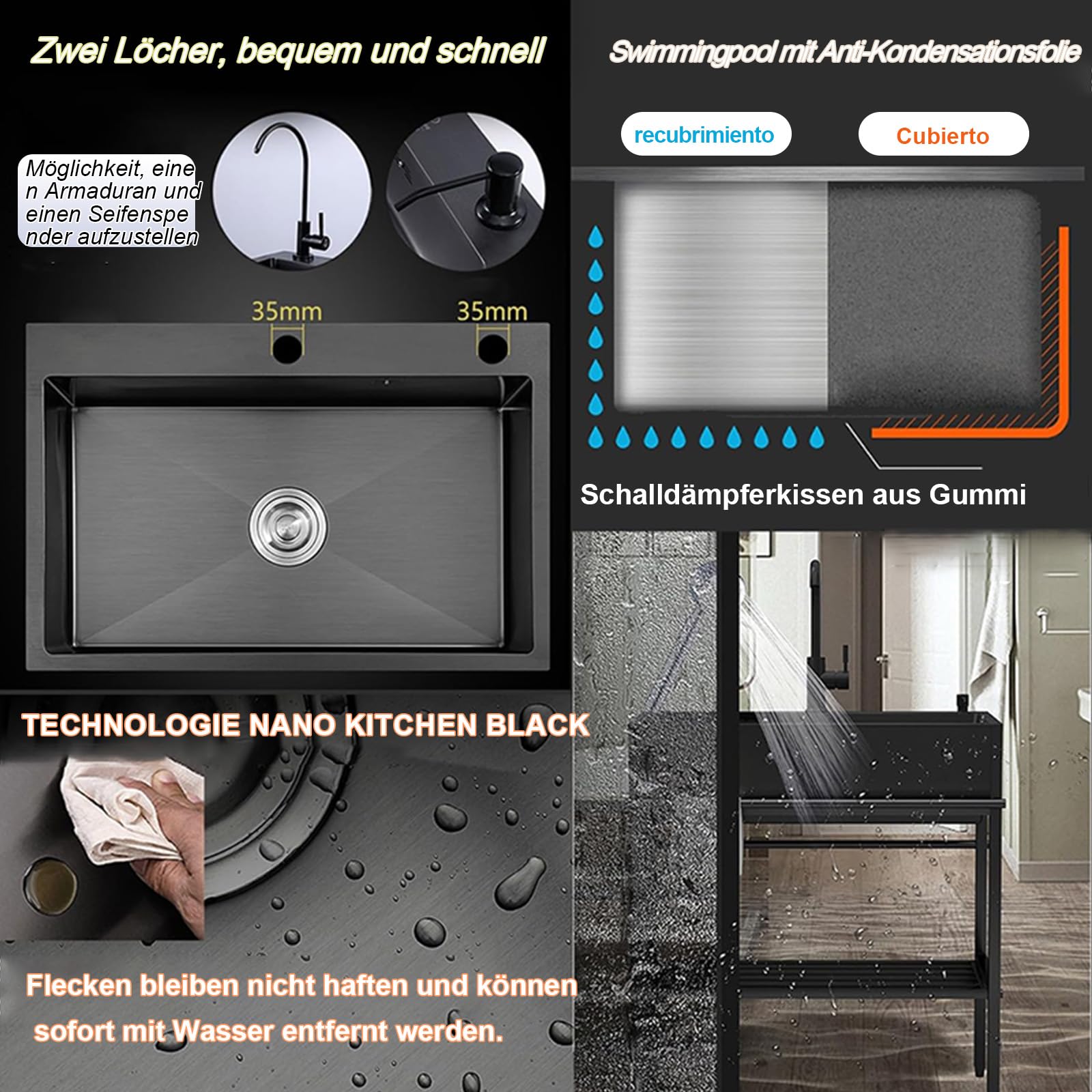 Lavello da cucina autoportante in acciaio inox con rubinetto nero, stazione di lavaggio mobile, protezione troppopieno, 72 x 40 x 86 cm, ideale per Spültisch e Garten.