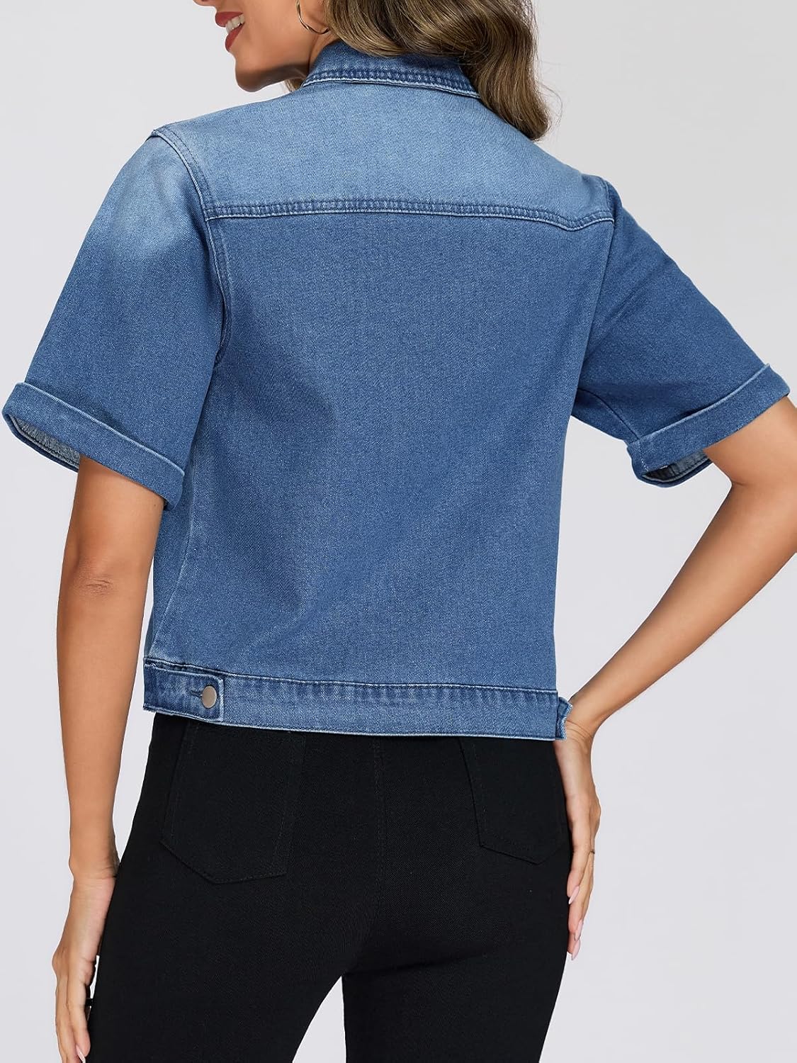 LifeShe Short Sleeve Denim Jacket for Women Rolled Cuffs Button Down Fray Jean Jacket with Pockets
