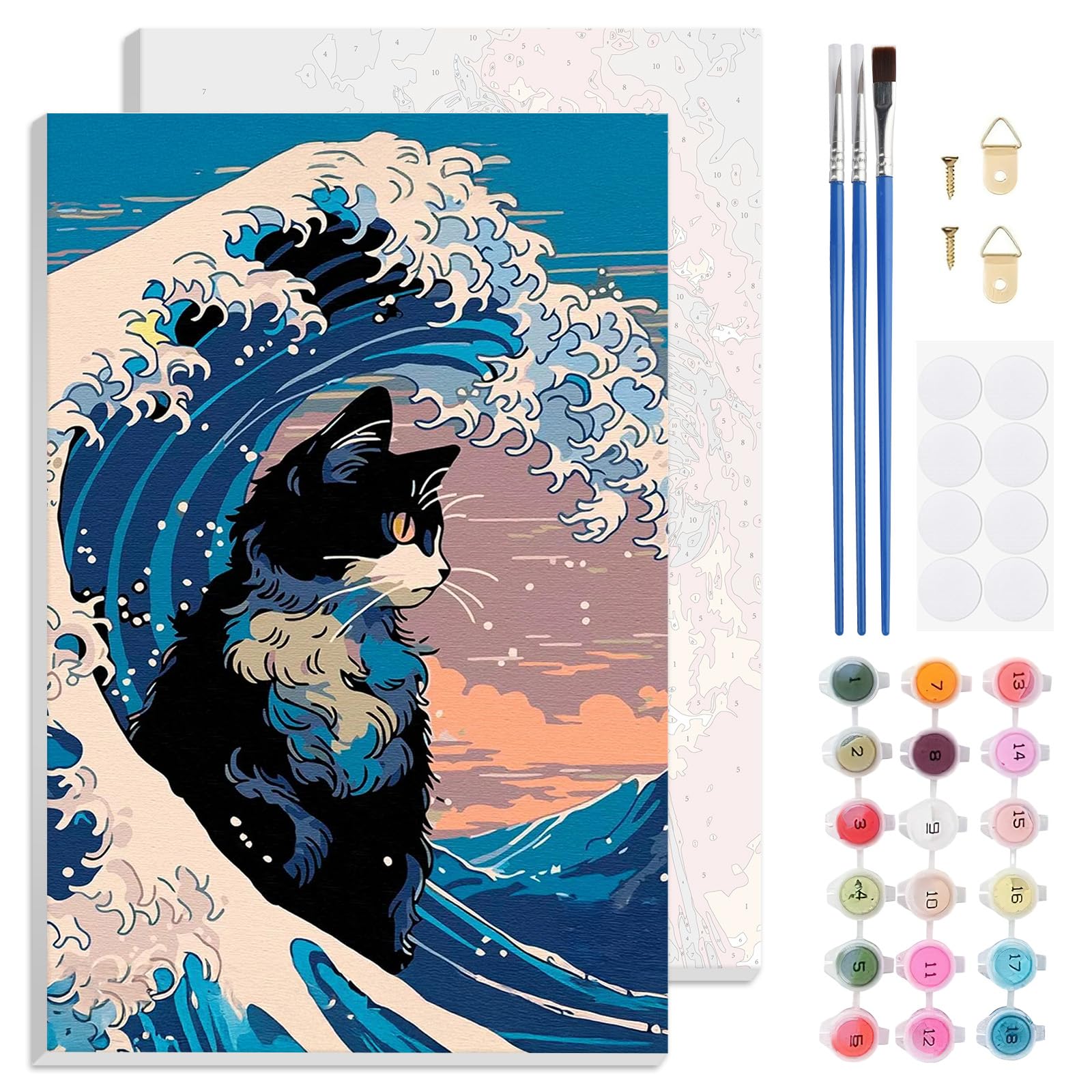 Jawecci Cat Framed Paint by Numbers Kit for Adults - Wave Paint by Numbers Kits on Canvas with Accessories for Gifts Home Decor 8X12 Inch