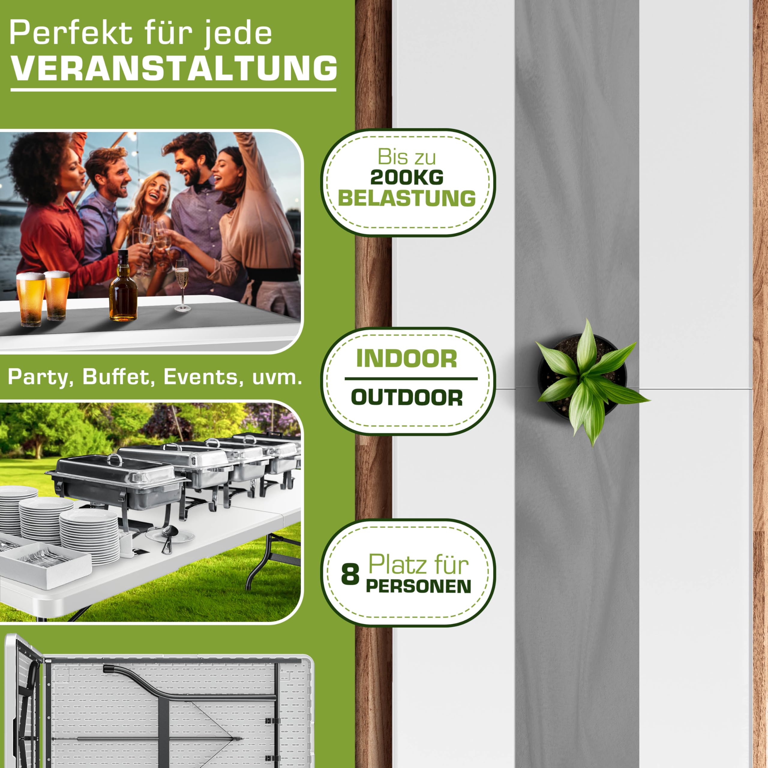 tillvex Gartentisch 180x75cm klappbar Kunststoff | Buffettisch mit Tragegriff | Klapptisch für Garten Terrasse und Balkon | Campingtisch 8 Personen