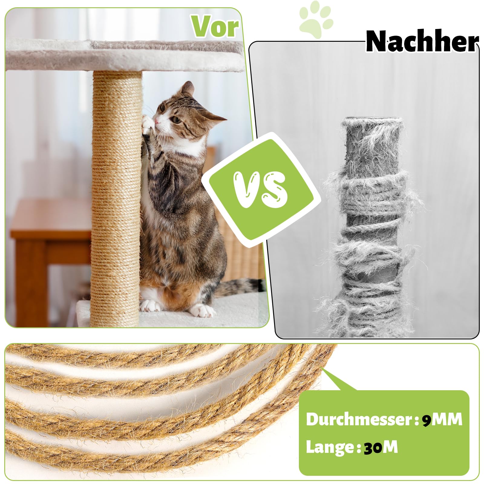 Sisalseil für Kratzbaum, 9MM X 30M Natur Sisalseil, Sisal Katzenbaum Schnur inkl. 3 Katzenspielzeug, Kratzsaule Sisal Seil für Katzen, Kratzbaum, Kratzseil, Haushalt, DIY, Garten, Dekoration