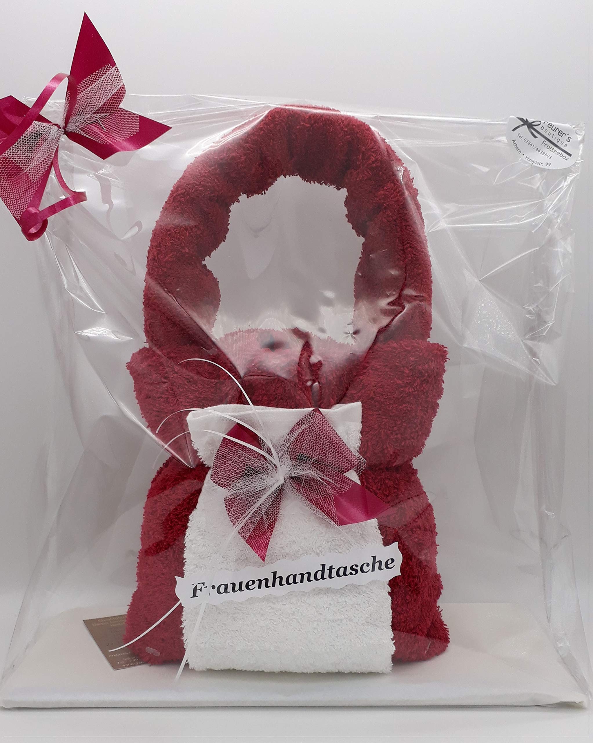 Geschenk Set Handtasche für Frauen in Handarbeit geformt aus Handtuch rot (100x50cm) und 2X Gästetuch rot/weiß (50x30cm)