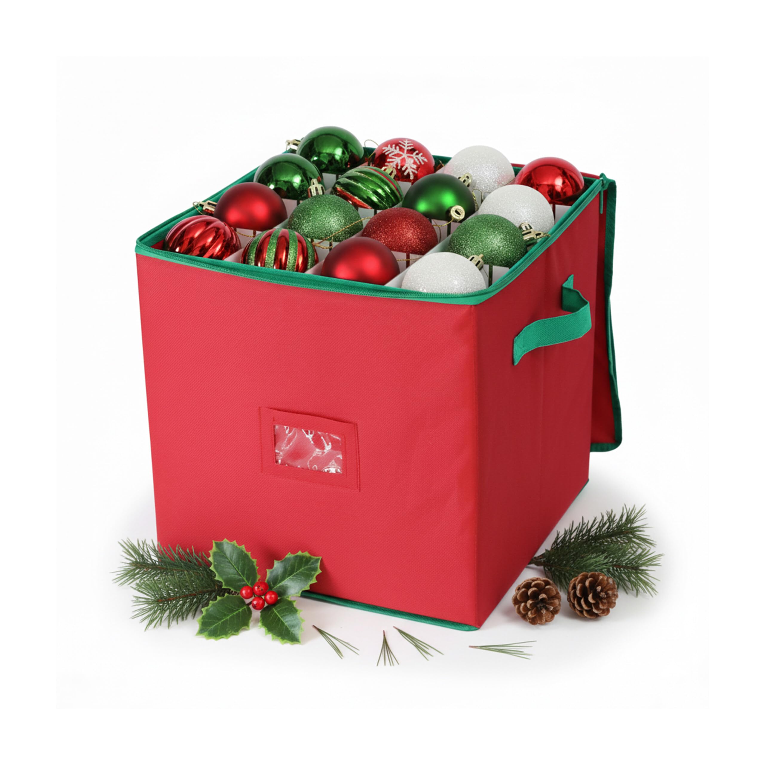 Relaxdays Christmas bauble storage box, 64 baubles, HxWxD: 33 x 33 x 33 cm, polyester, cardboard, orb box, red/green