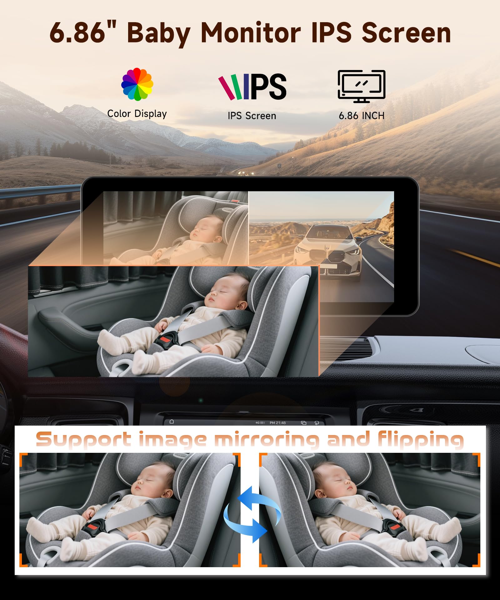 VECHTEL Moniteur Auto 6,86" IPS pour Bébé, Double Caméra 720P, Moniteur avec Caméra pour bébé Rotative 360°/Caméra de Recul IP69 Étanche, Vision Nocturne Grand Angle pour Voiture 12V Camping Car