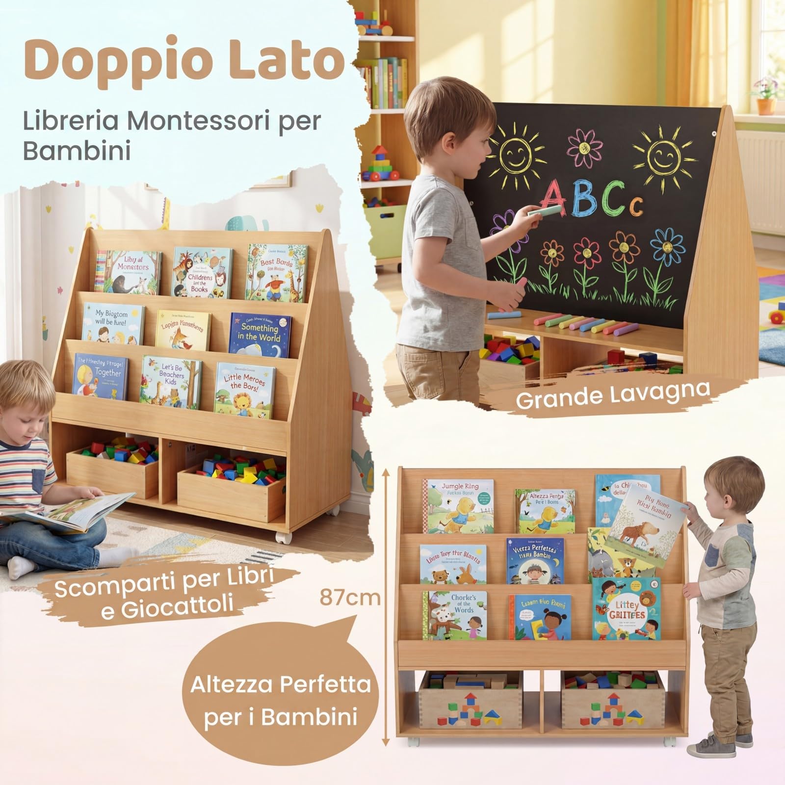 COSTWAY Libreria Montessoriana per Bambini, Scaffale per Giocattoli in Legno con Lavagna e 5 Ruote, Libreria a 3 Ripiani e Scomparti, per Cameretta e Asilo Nido, 90 x 45,5 x 87 cm (Naturale)