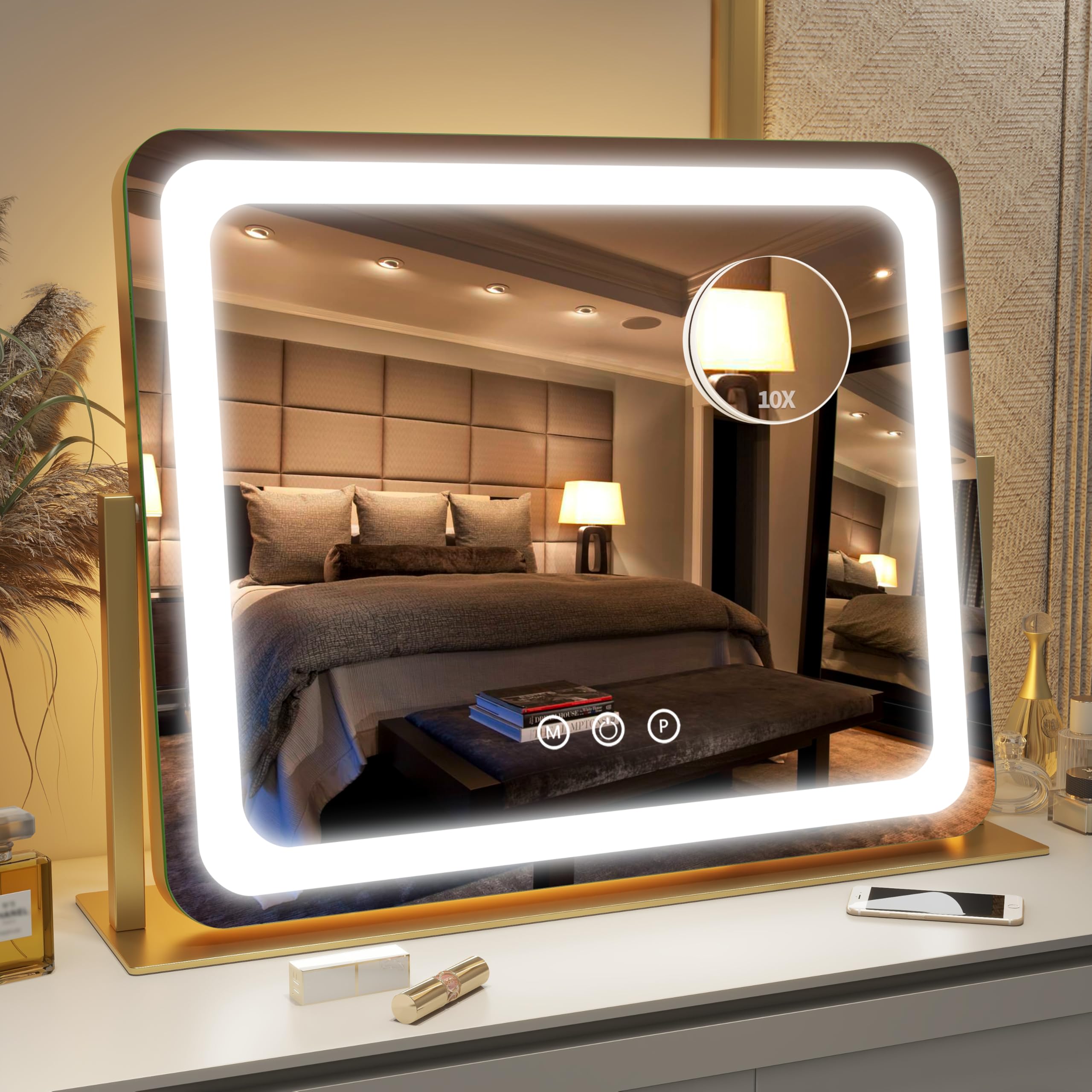 FENNIO Gold Vanity Mirror with Lights 22"x17", LED Lighted Makeup Mirror, Large Makeup Mirror, Make up Mirror with Lighting,Touch Screen with 3-Color Lighting,Dimmable,for Vanity Desk Tabletop
