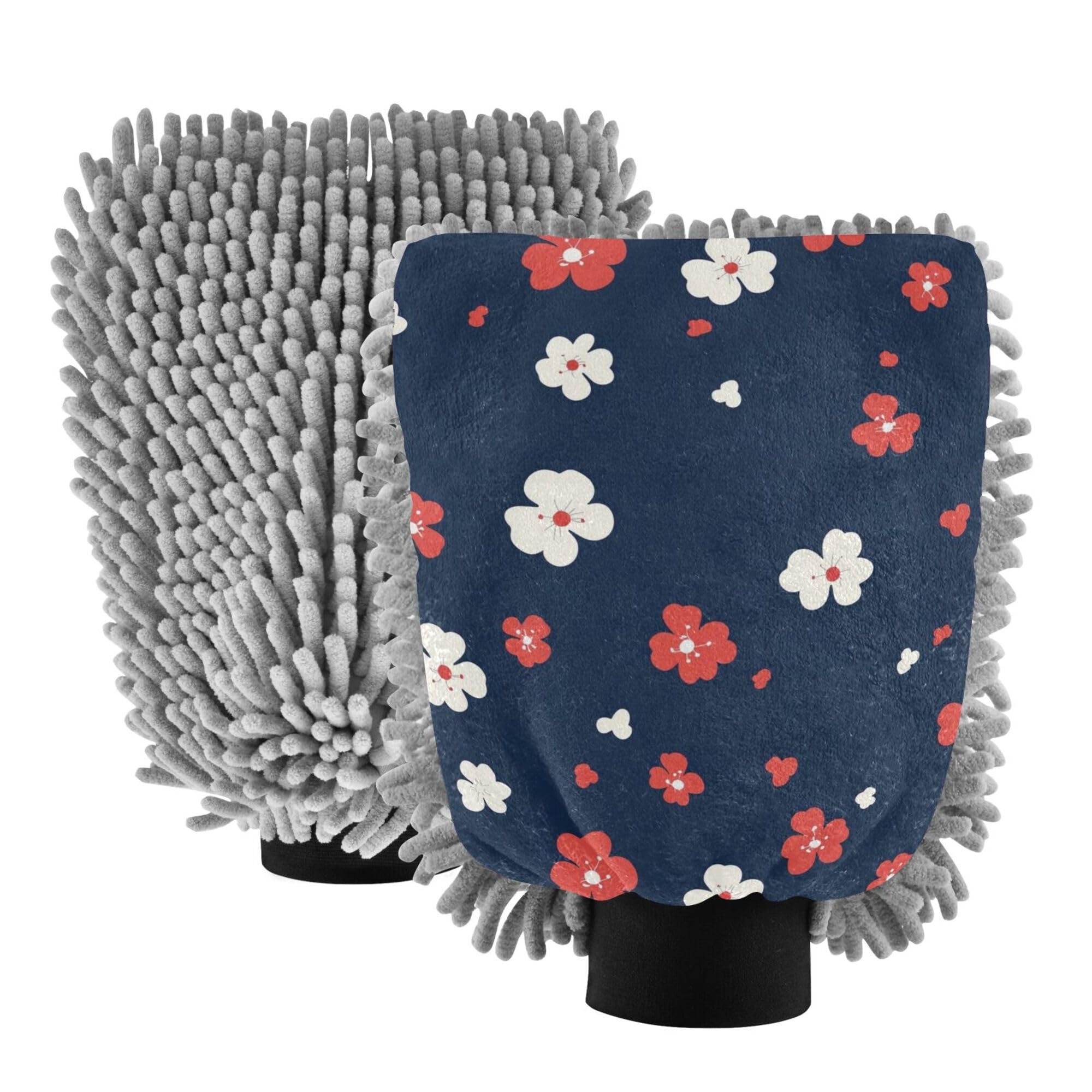 Retro Flowers Poppy Navy Blue Car Wash Microfiber Mitt 11.8'' Car Mitts for Washing Non Scratch Detailing Gloves for Auto Supplies