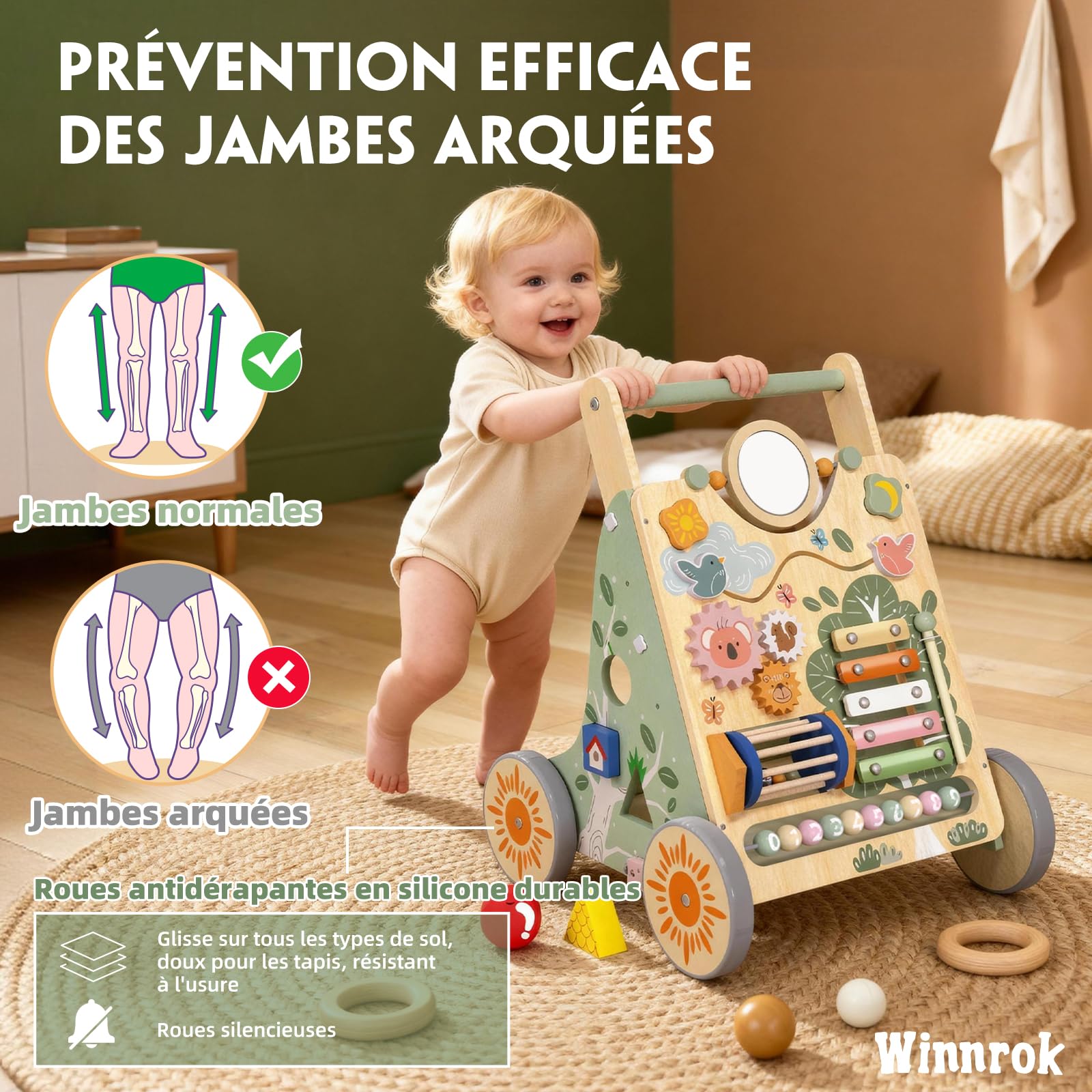 Chariot de Marche en Bois pour Bébé, Centre d'Activités Multiples Montessori, Trotteur Bébé Hauteur et Vitesse Réglables, pour Fille et Garçon de 6 Mois à 2 Ans, Cadeau pour Anniversaire et Noël