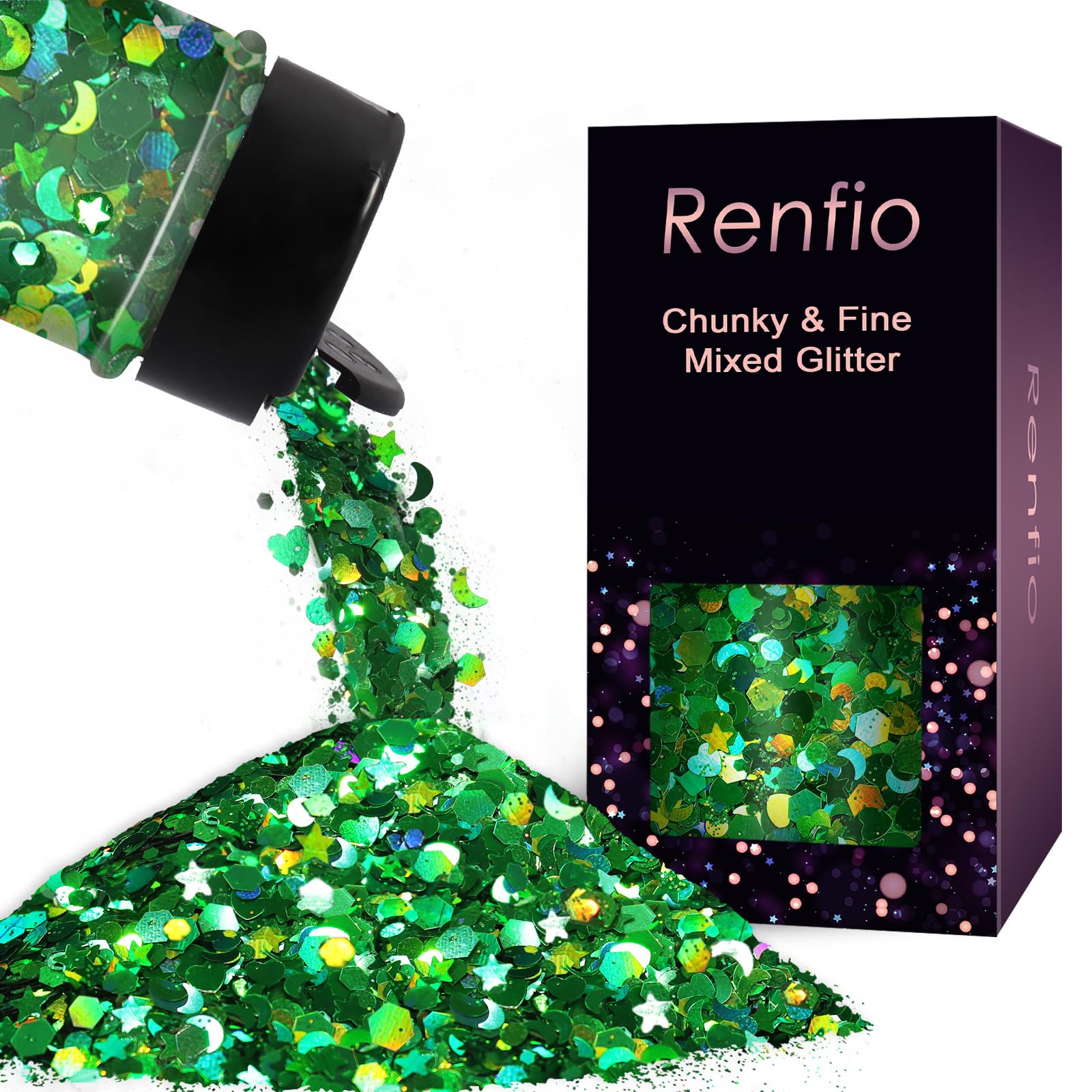 Renfio Mixed Shapes Confetti, Star Confetti Holographic Chunky Glitter, 1.75oz/50g Green Glitter Heart Moon Circle Sequins St Patricks Glitter for