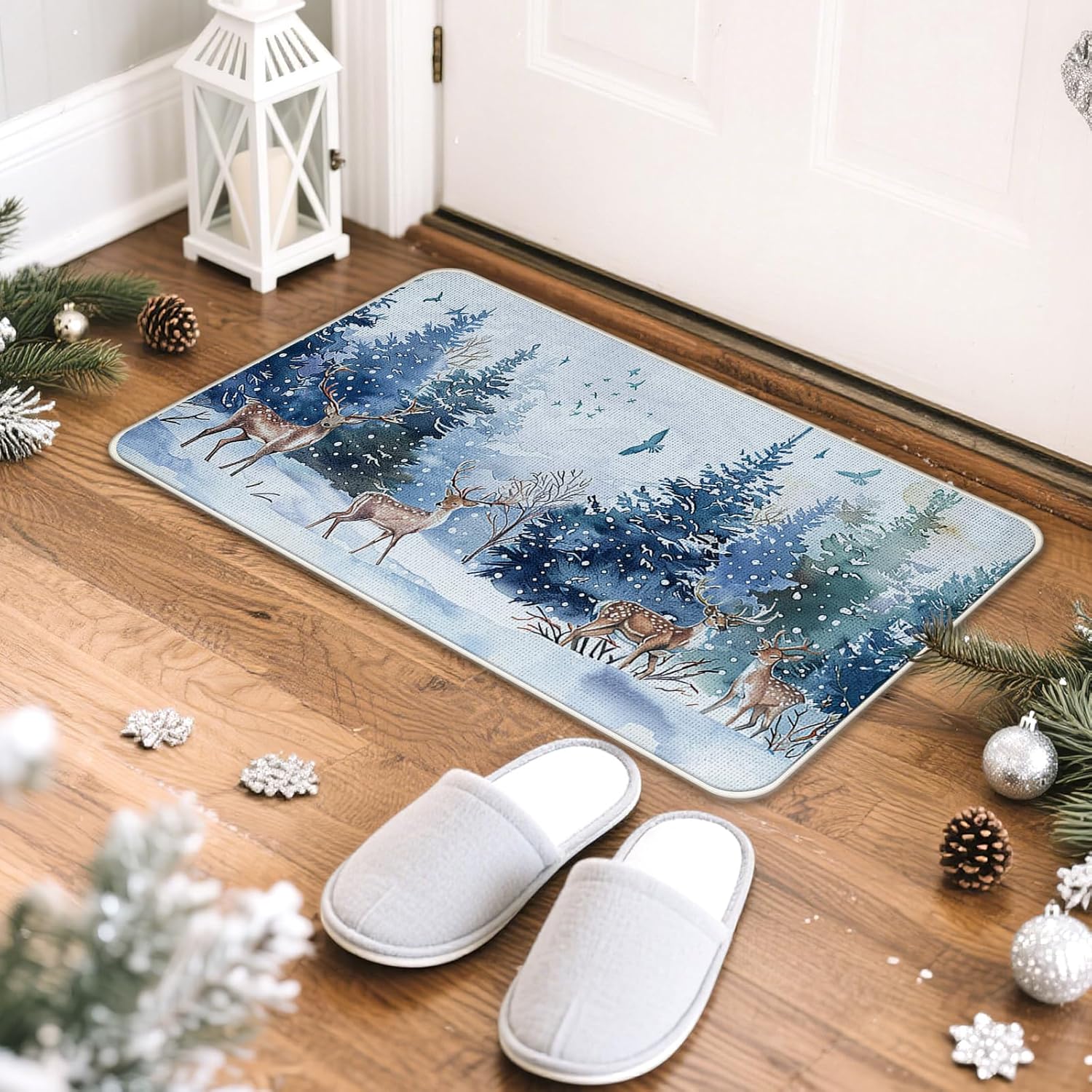Winter Forest Reindeer Kitchen Rugs Set of 2, Watercolor Snowy Pine Tree Birds Floor Mats Home Decor, Christmas Woodland Seasonal Door Mat Decorations - 17x29 and 17x47 Inches