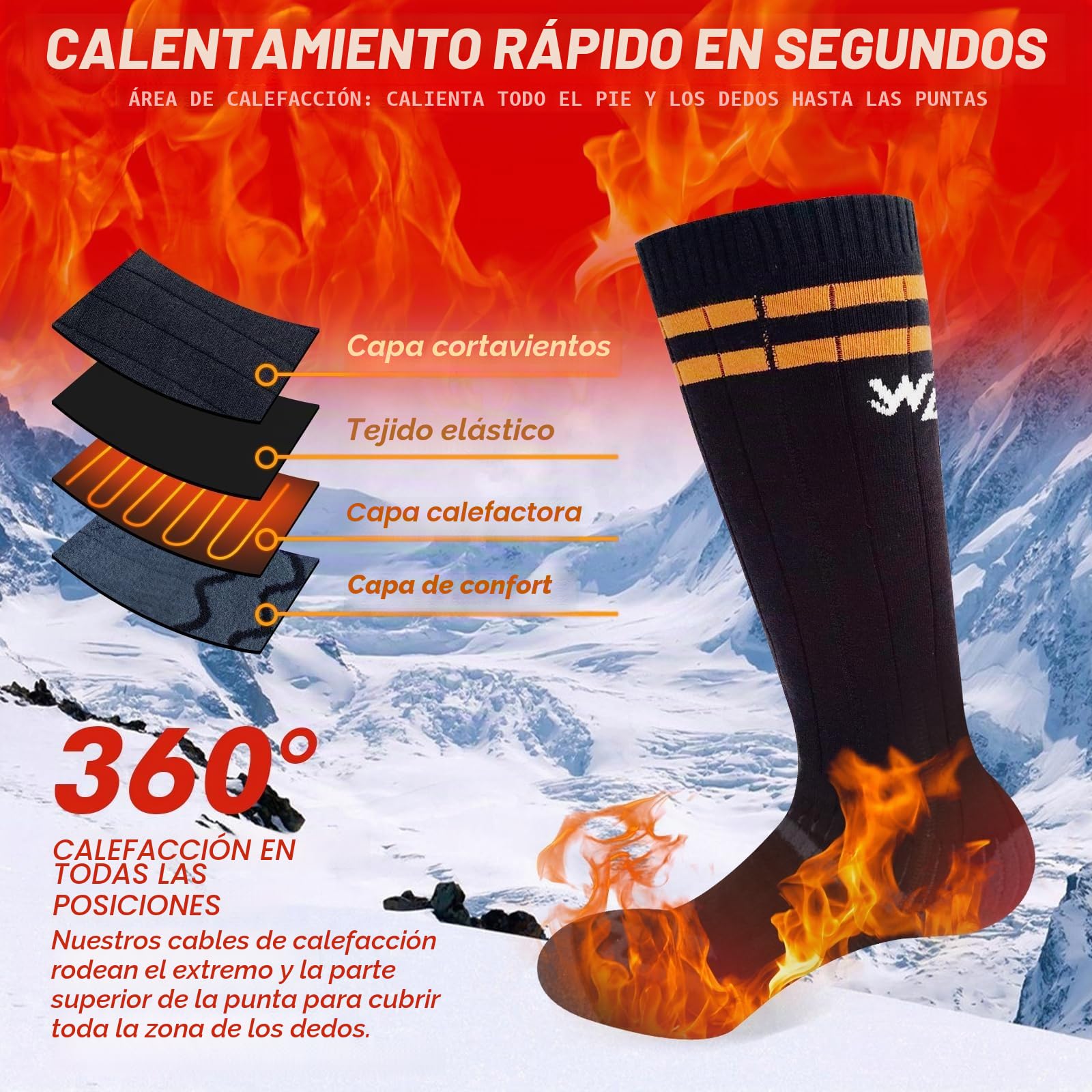 Calcetines calefactables, últimos Calcetines calefactables Recargables de 2023, batería Extra Grande de 5000 mAh, Larga Vida útil hasta 65 °C, Gran Superficie calefactora
