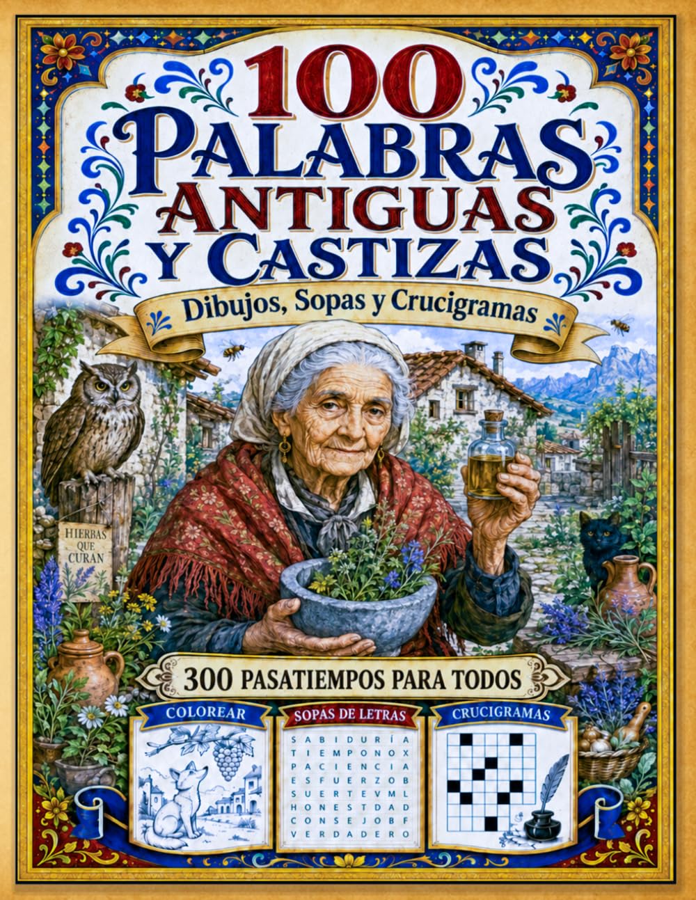100 Palabras Antiguas y Castizas: 300 pasatiempos para adultos y mayores. Ilustraciones para colorear, sopas de letras y crucigramas sobre palabras ... (Pasatiempos de la Cultura Popular Española)