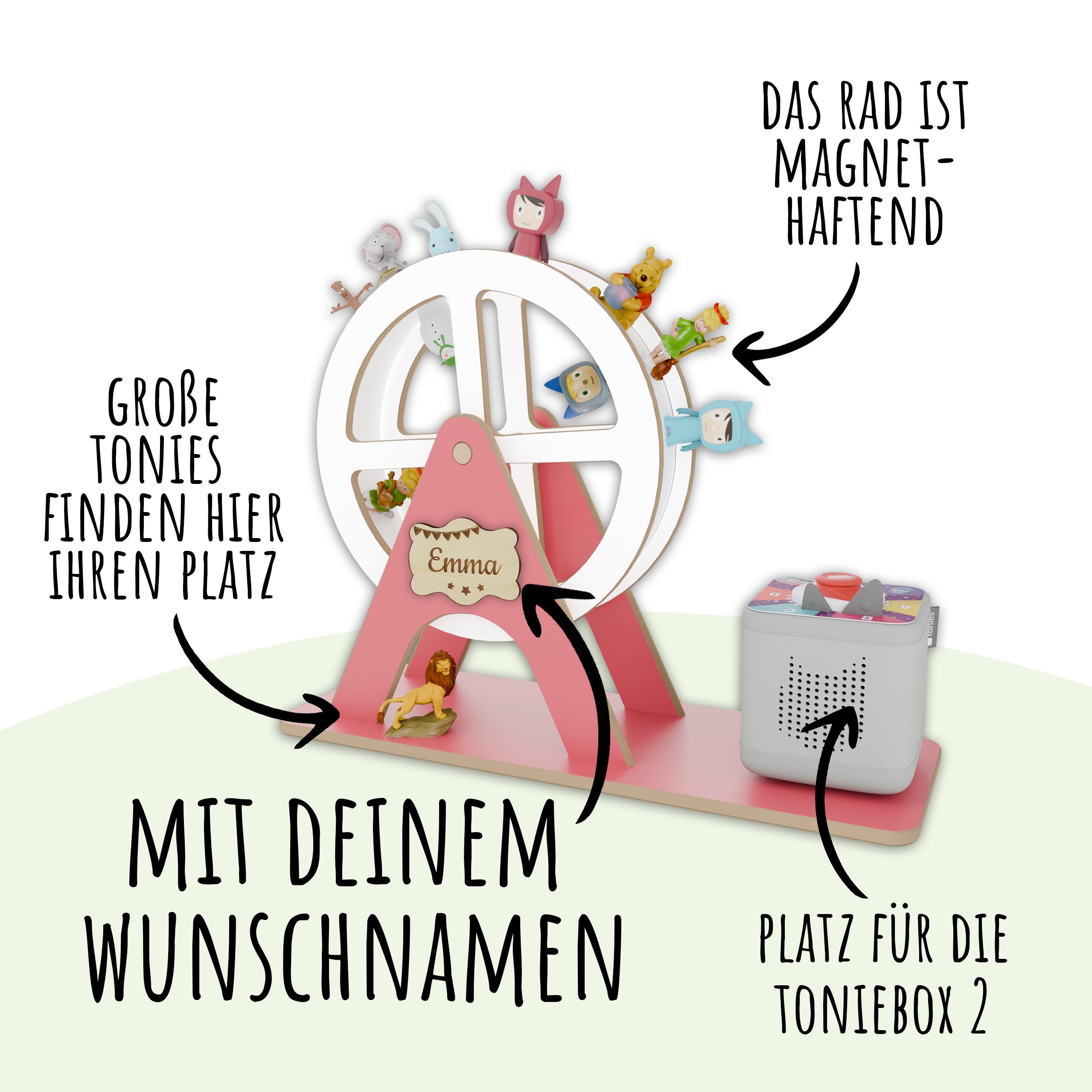 Holzura - XXL Regal für Toniebox 2, Toniefiguren Riesenrad, Aufbewahrung für Tonies, Halterung für Toniebox, drehbar und personalisierbar mit Name