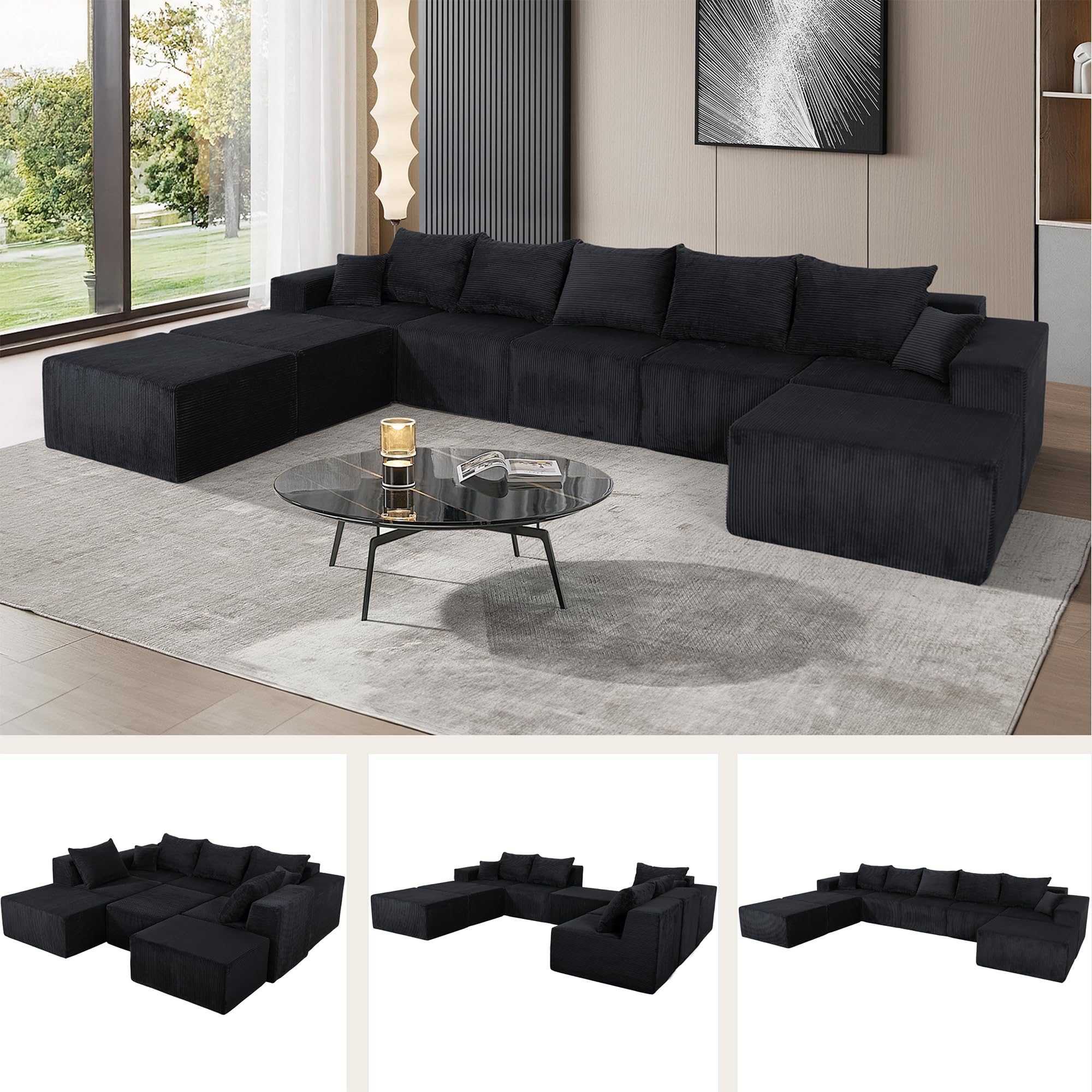 156" Cloud Boneless Couches for Living Room, Oversized 8 Seat Modular Sectional Couch with 7 Pillows, Upholstered Sofa Bed with Deep Seat, Convertible U/L/Sofa Bed Shape, No Assembly Required,Black