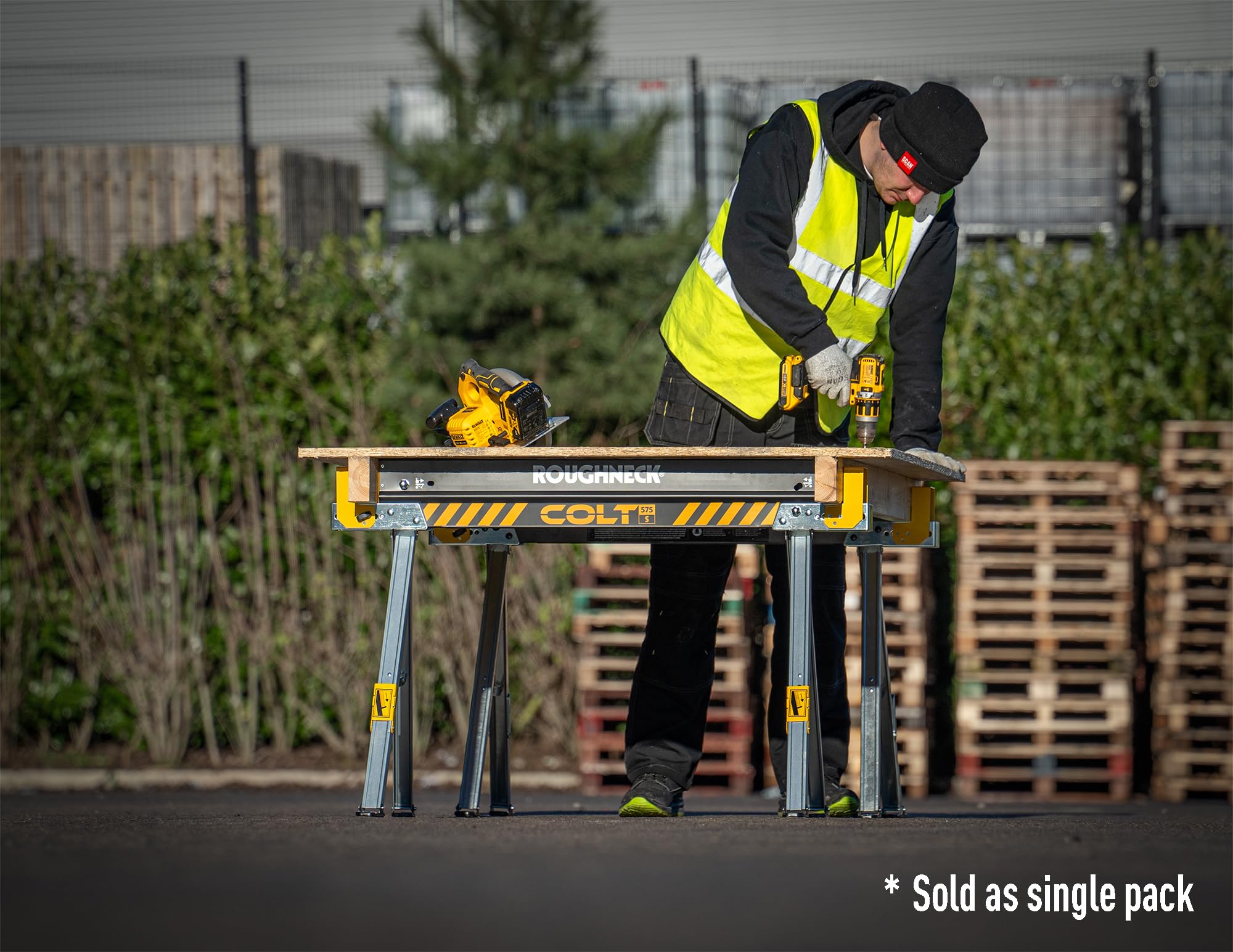 Cavalletto ROUGHNECK COLT 575S, struttura in acciaio ultra-resistente con portata di 500 kg per carpenteria e edilizia