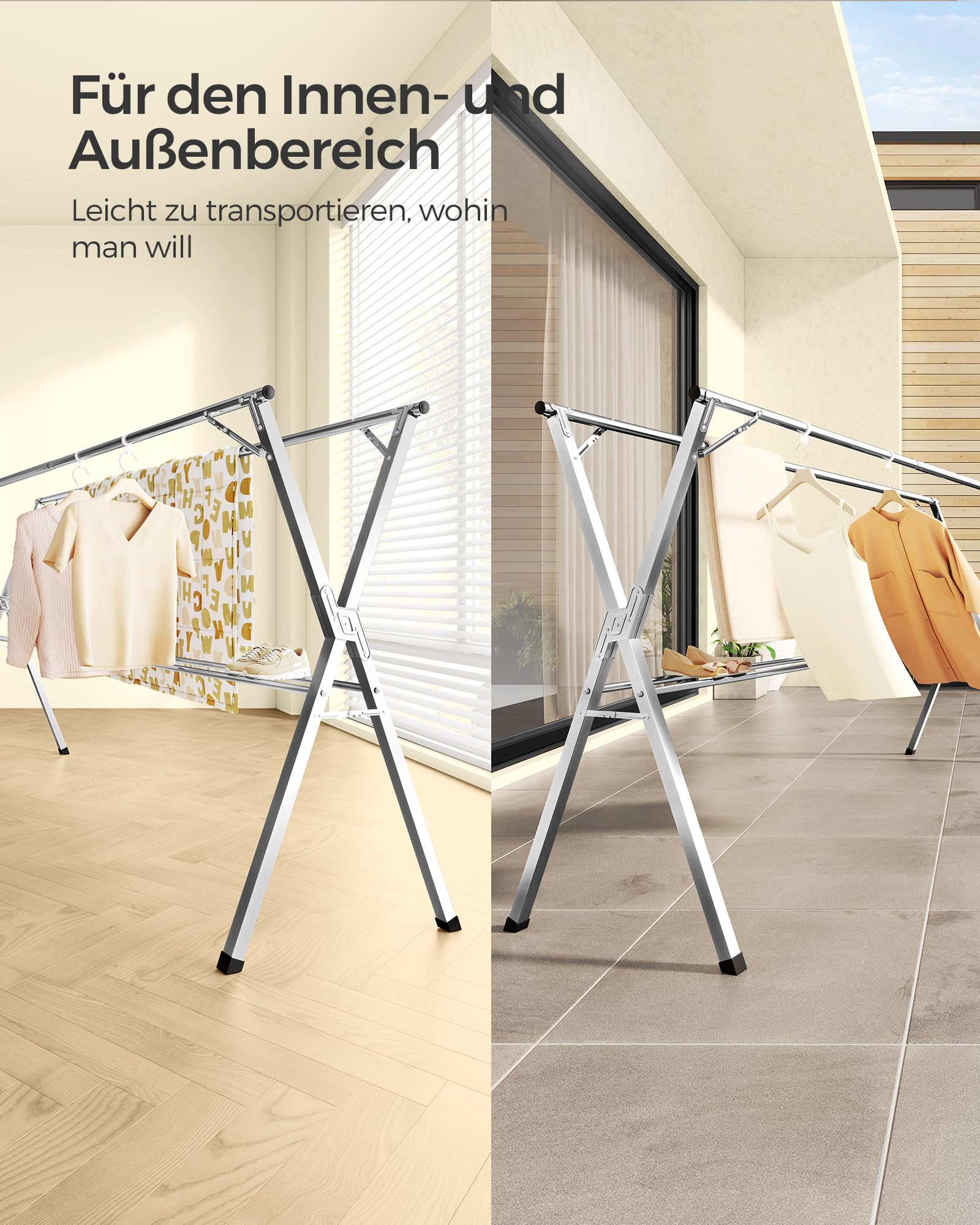 SONGMICS Wäscheständer, Standtrockner, 133-200 cm ausziehbar, zusammenklappbar, freistehend, für Innen- und Außenbereich, Taubengrau LLR902E01