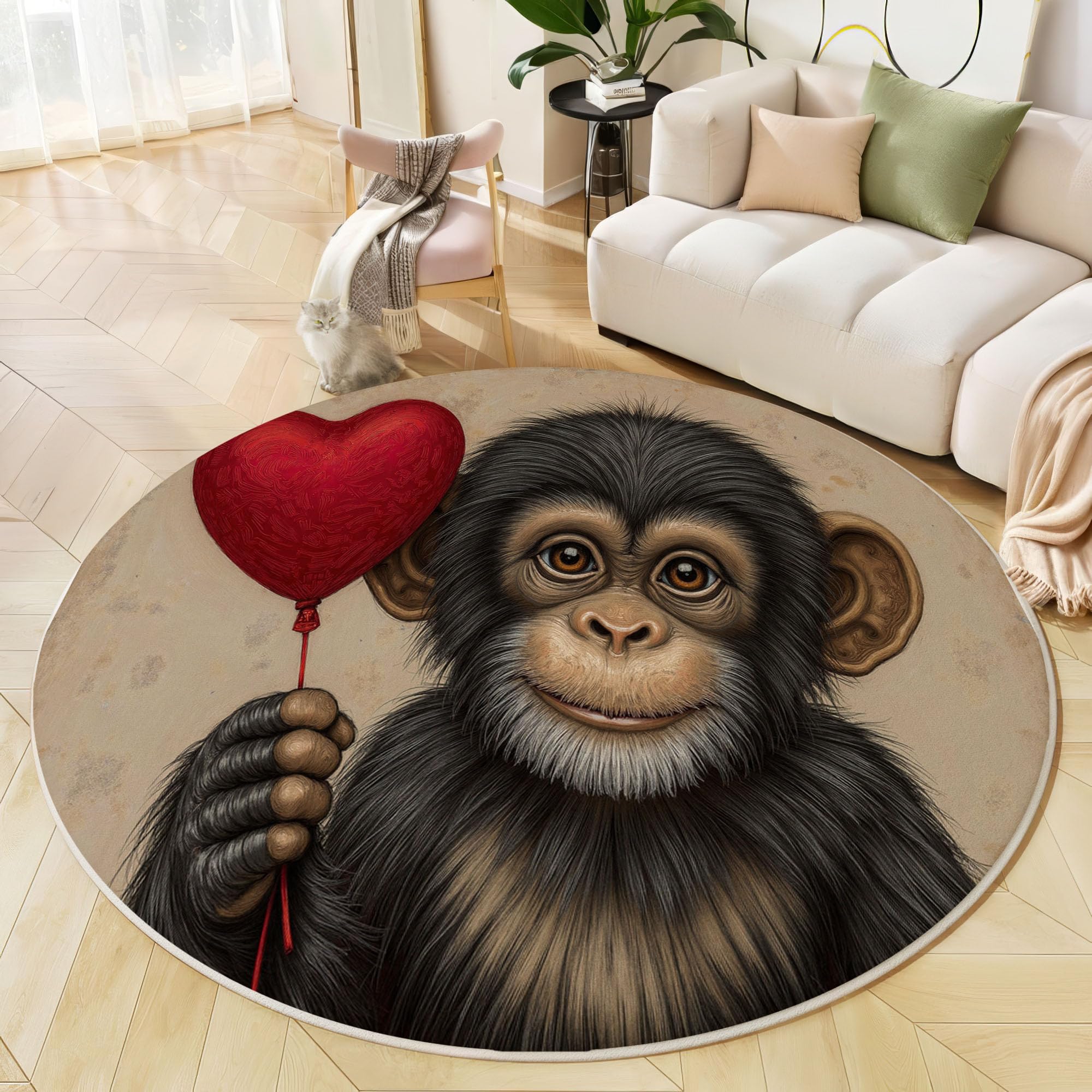 Tapis rond gorille pour chambre de chevet, grand format mignon et cosy