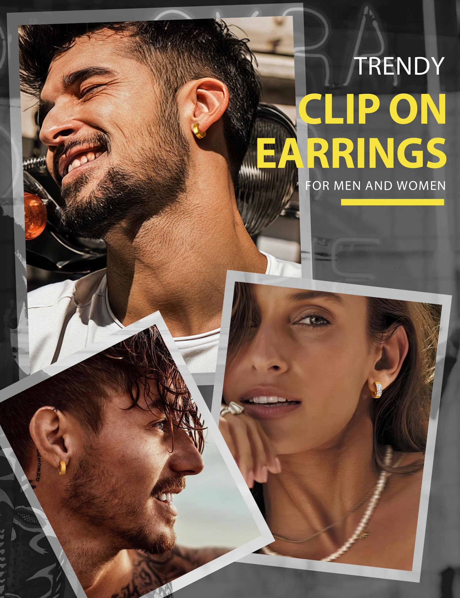 3 pares de aretes de aro de acero inoxidable para hombre y mujer con circonita cúbica sin perforación, Acero inoxidable Circonita cúbica, Circonia cúbica 2