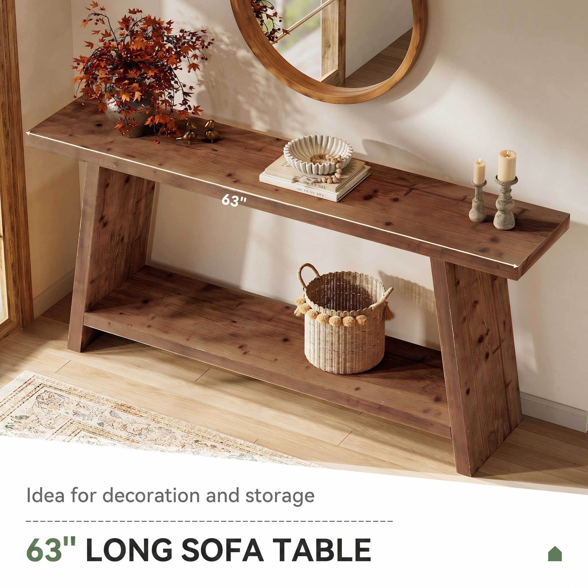 Mesa consola de madera maciza, 160 cm, mesa de entrada larga con 2 estantes, mesa de sofá estrecha detrás del sofá, mesa de pasillo para pasillo, salón, estilo granja vintage