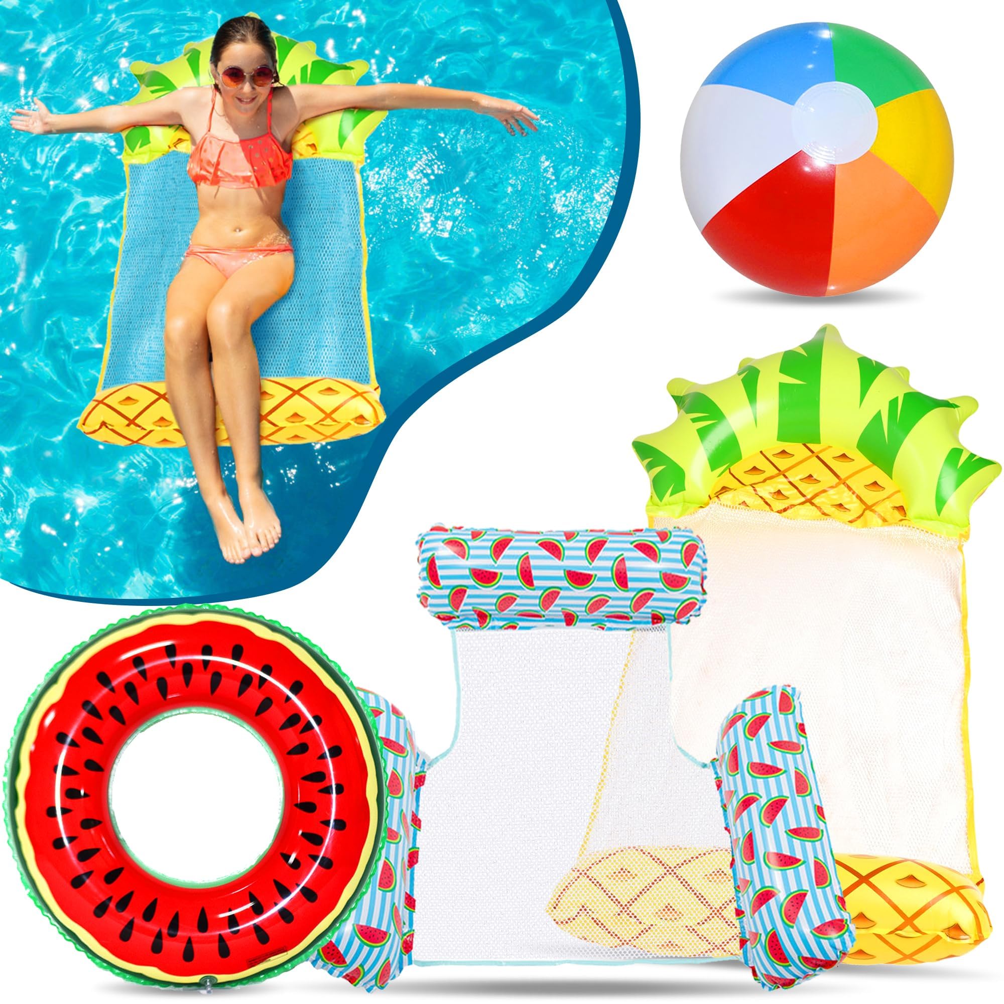 Lubibi Hamaca de Agua Inflable,Hamaca de Agua 4 en 1,Anillo de natación Inflable,Anillo de Goma Flotante,Pelota de Playa Inflable,Pelota Hinchable,Juguete Inflable para Piscina,Adultos y Niños