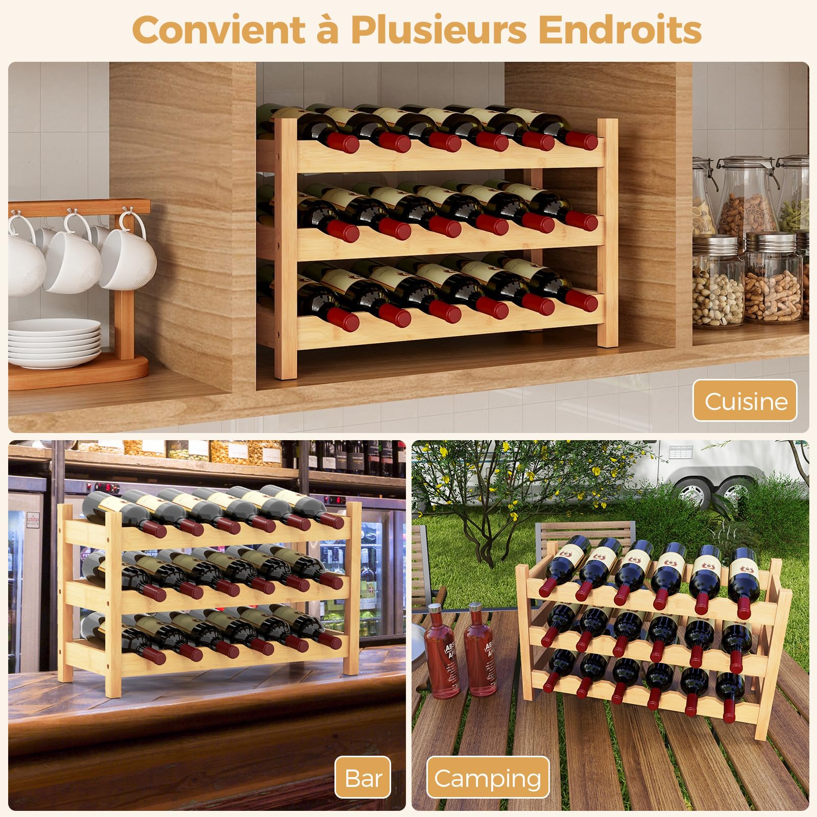 COSTWAY Casier à Vin en Bambou pour 18 Bouteilles à 3 Niveaux, Casier à Bouteilles, Étagère à Vin, Range Bouteille sur Pied, pour Cuisine, Garde-Manger, Pub, Cave à Vin, Naturel