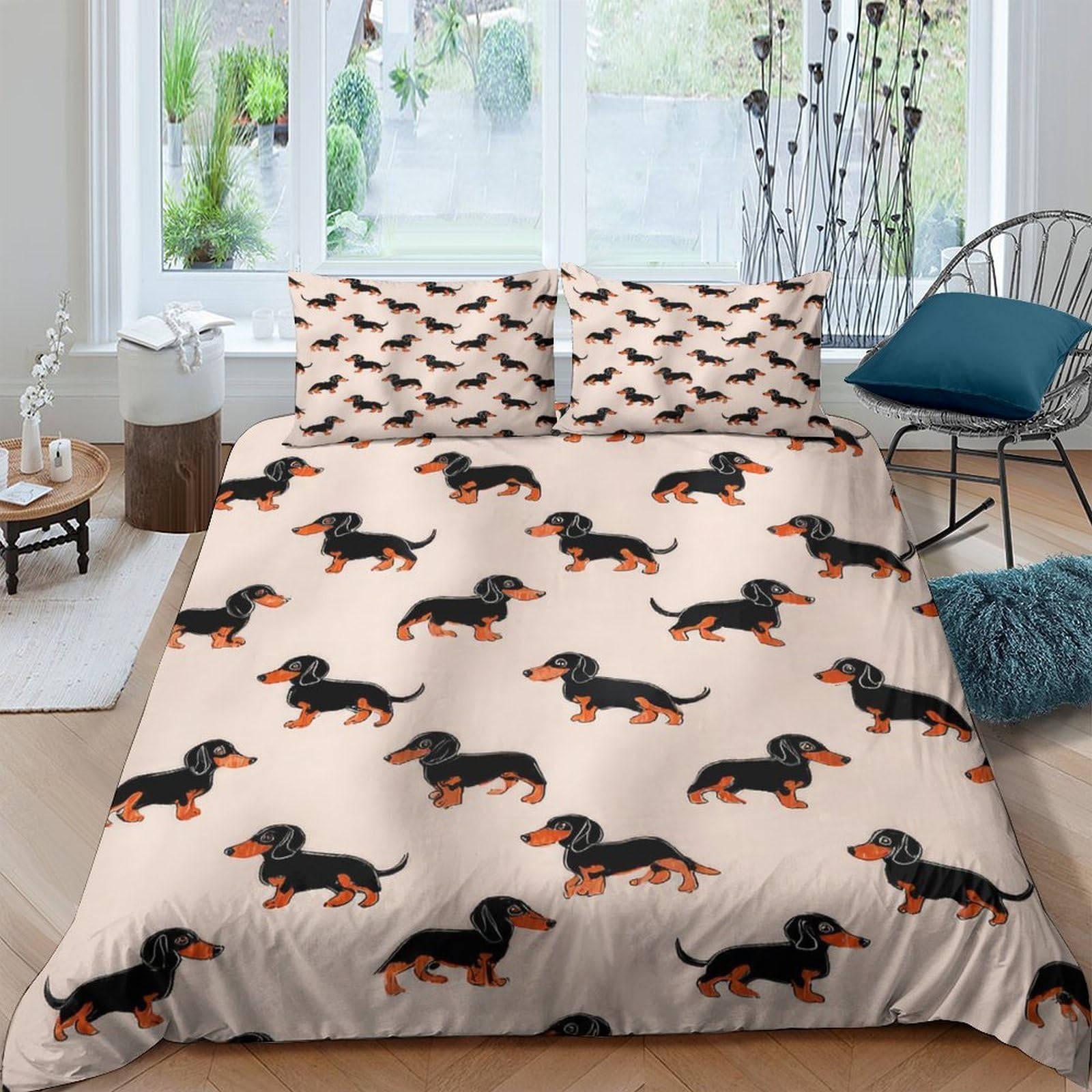 GPLZQXKJNH 3D Printed Dachshund Dog Duvet Cover Set Microfiber Soft Beige Bedding Set with 2 Pillowcases for Bedroom Decor Single（135x200cm）