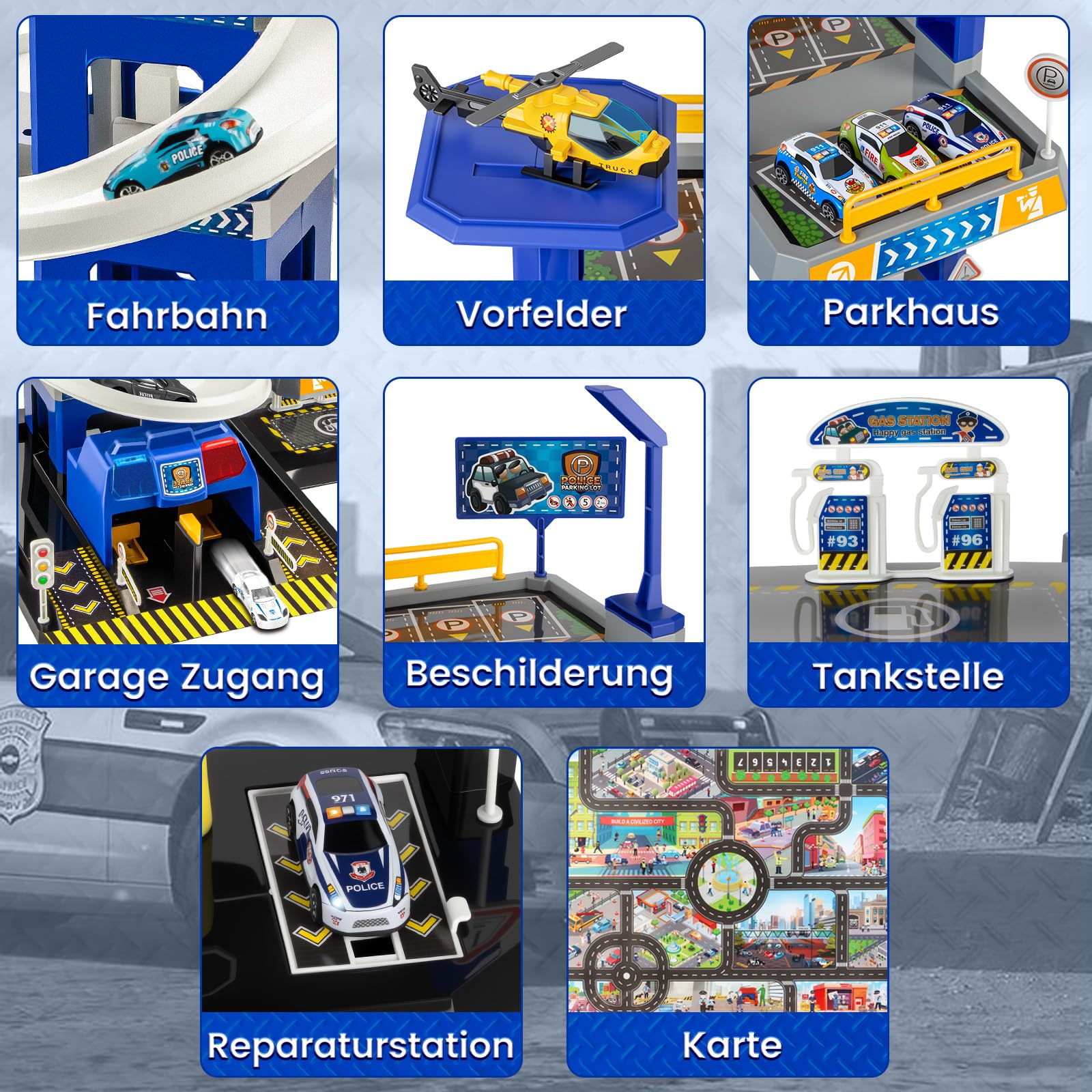 BuzzoXerex 5-stöckige Parkgarage für Kinder, Rennbahn mit 14 Spielzeugautos & 3 Hubschraubern, Parkhaus mit Aufzug, Autorennbahn & Licht‑Sound, Geschenk für Kinder 5–9 Jahre (Polizei)