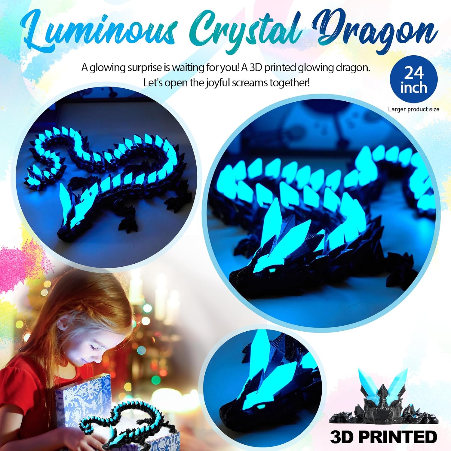24" Large 3D Printed Dragon Glow in The Dark,Flexible Articulated Crystal Dragon Fidget Toy,Cool Big Dragon Toy,Huge 3D Printed Dragon Gift for Girls Boys Kids Age 3-5 4-7 8-12 Years Old