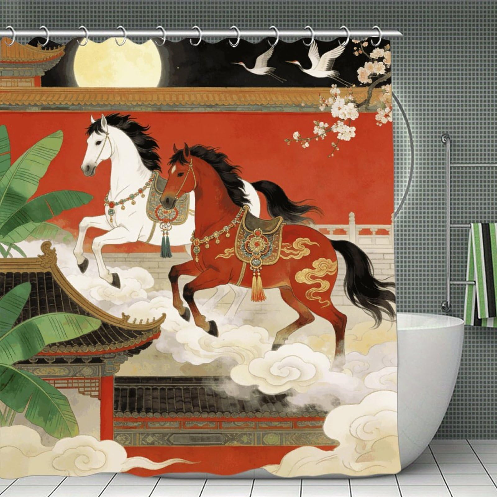 VstaDank Twill Horses Shower Curtain Light-Weight Blackout Bathroom Curtain Washable Shower Liner 71x71 Inch Bath Curtain with Metal Holes Bathtub Bath Room
